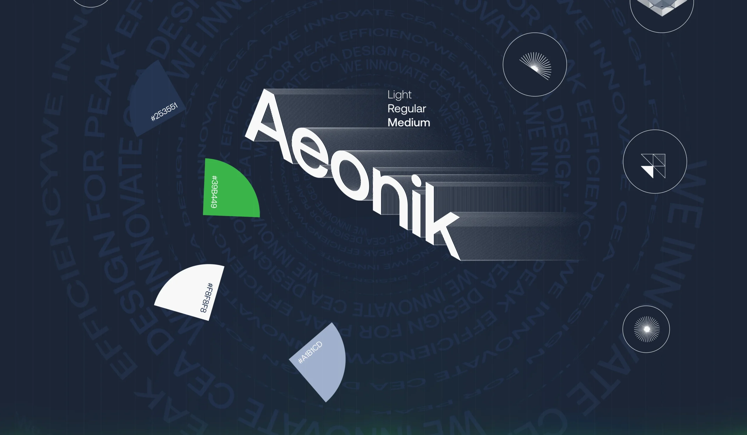 Brand identity composition with Aeonik typography, color palette, and geometric elements