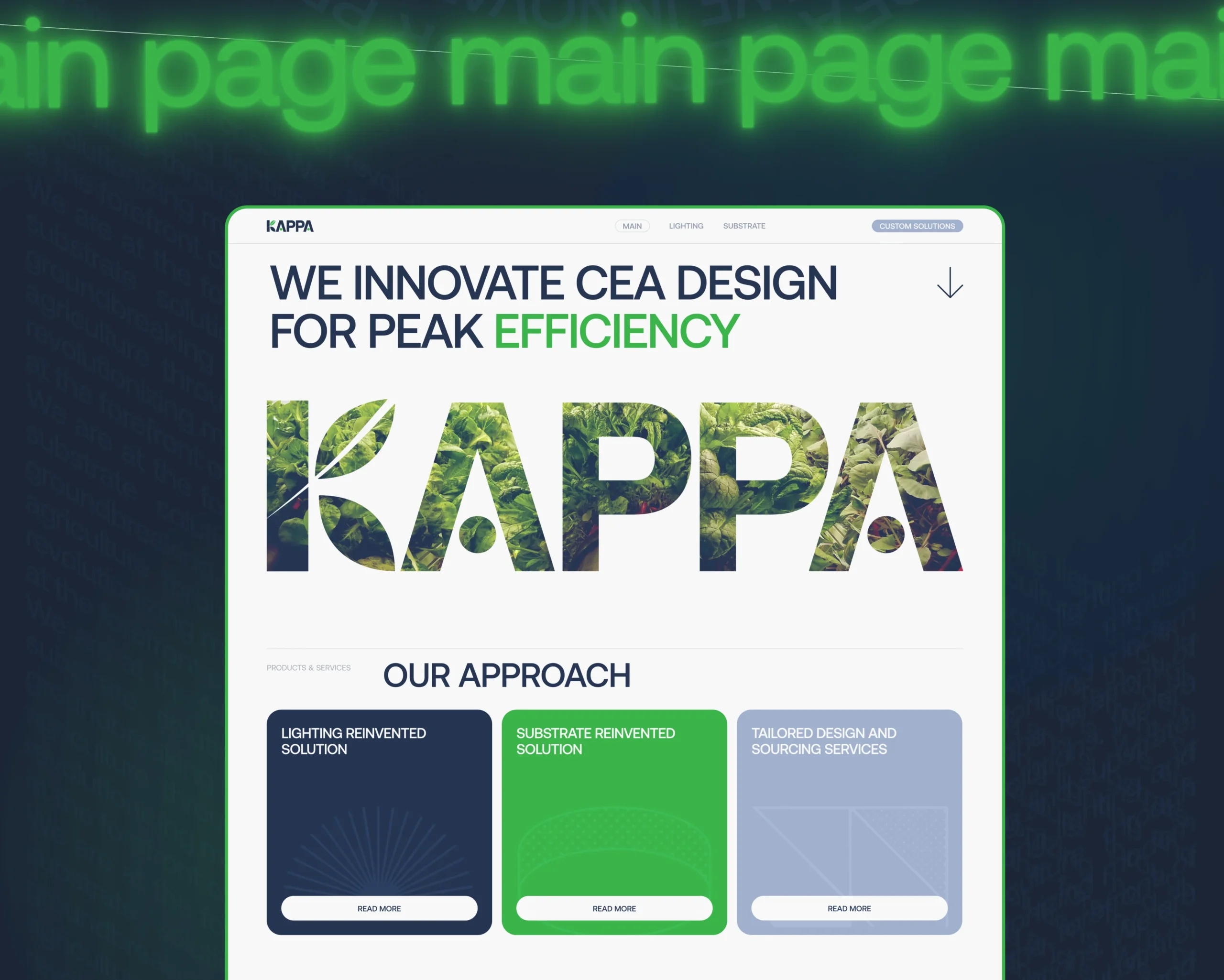 Homepage interface with bold typography and plant-filled KAPPA lettering