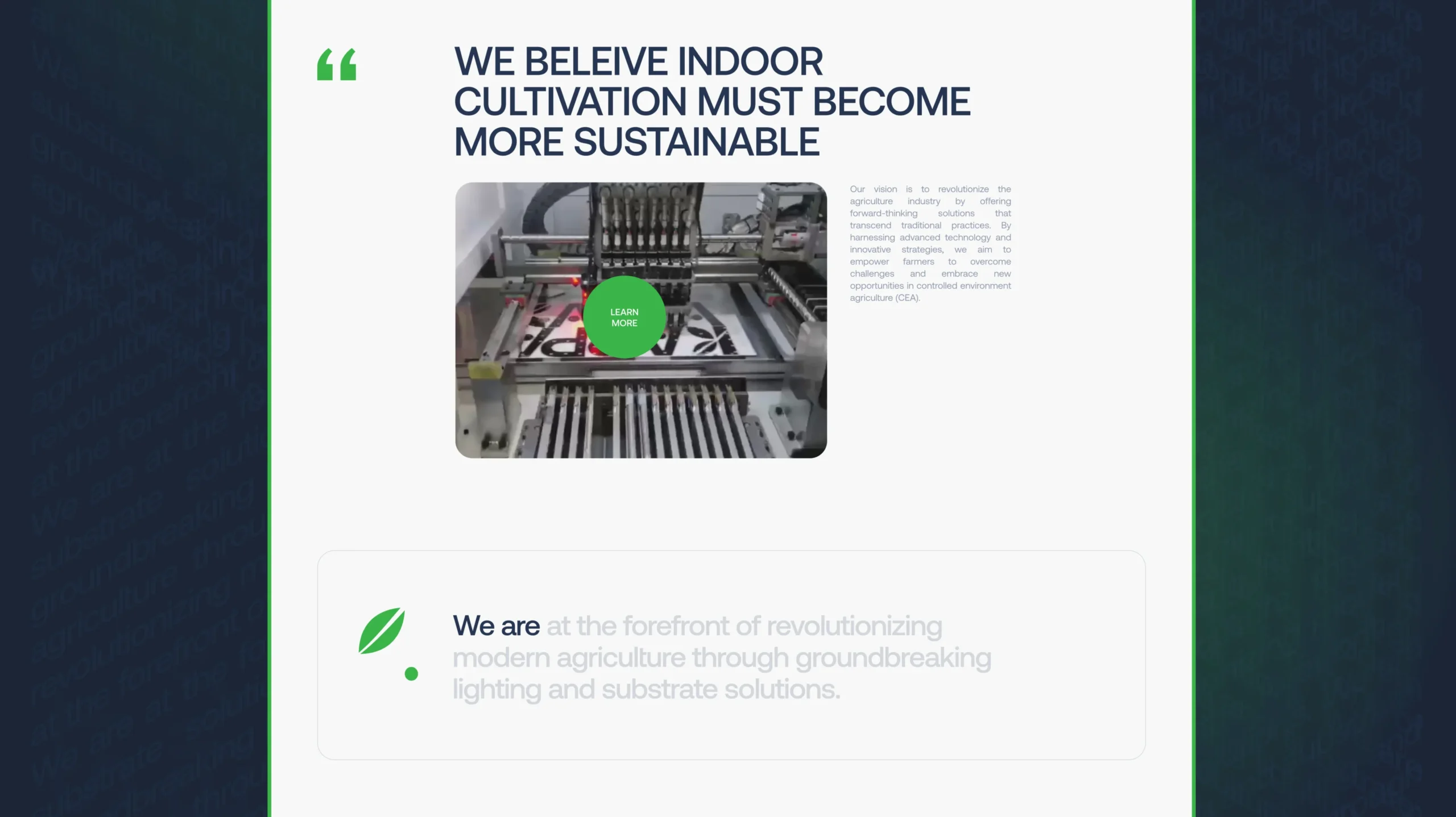 Website section with sustainability message and embedded video content