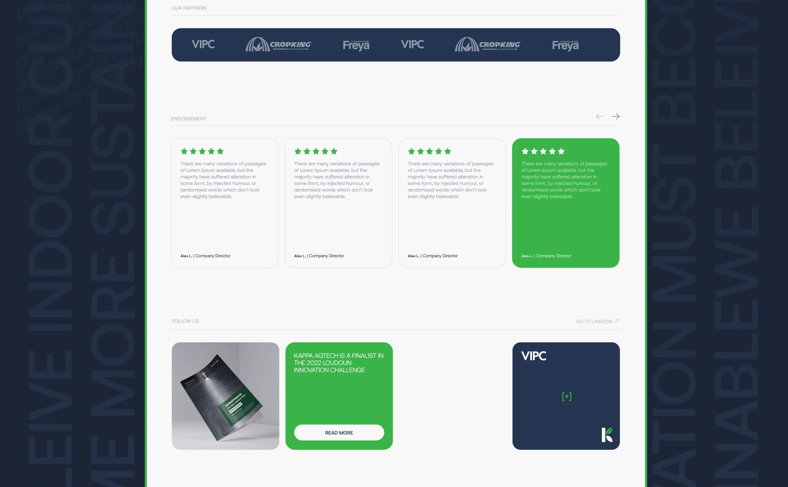 Testimonials cards with ratings alongside partner logos and media highlights