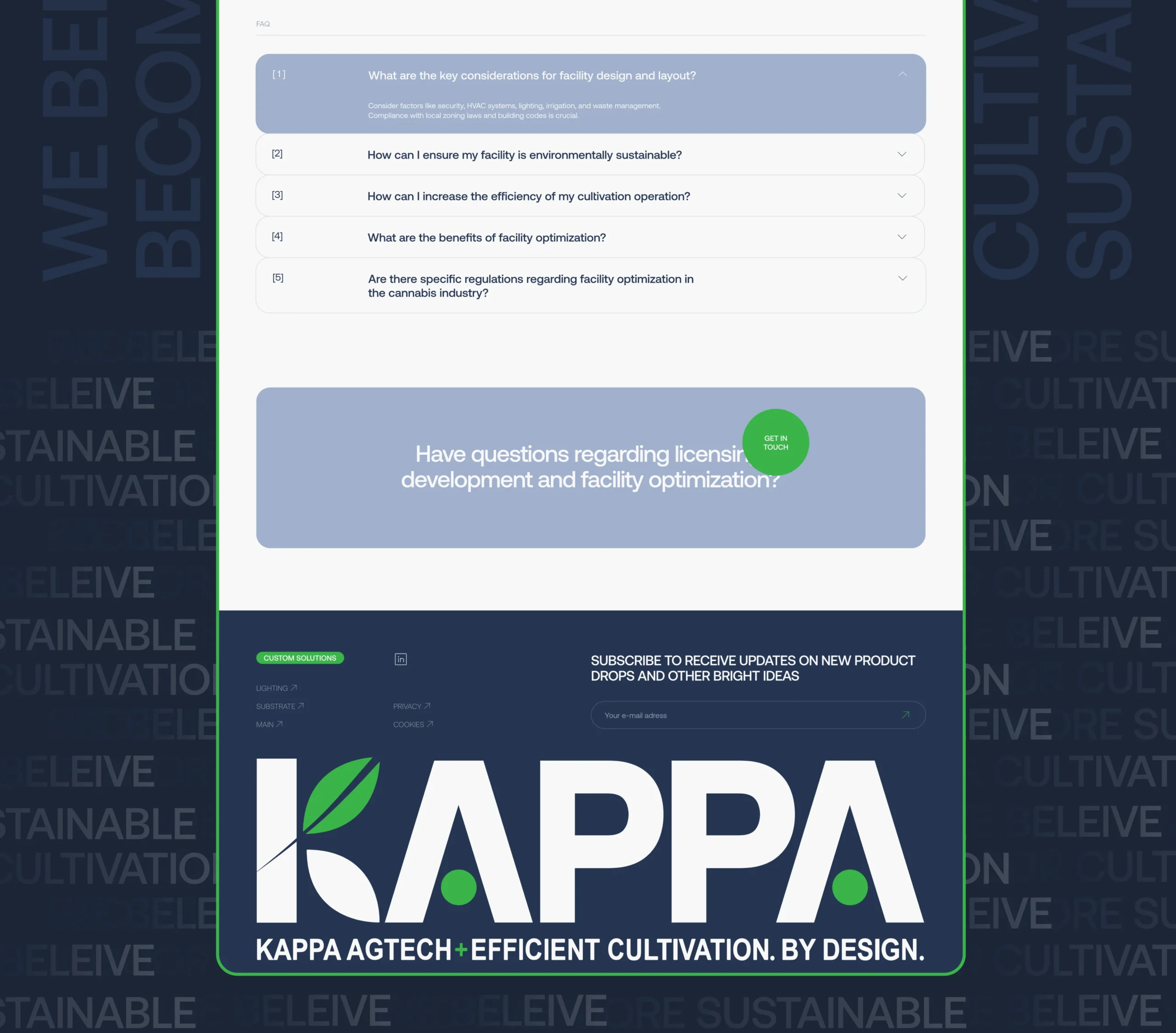 FAQ accordion section with call-to-action and branded footer