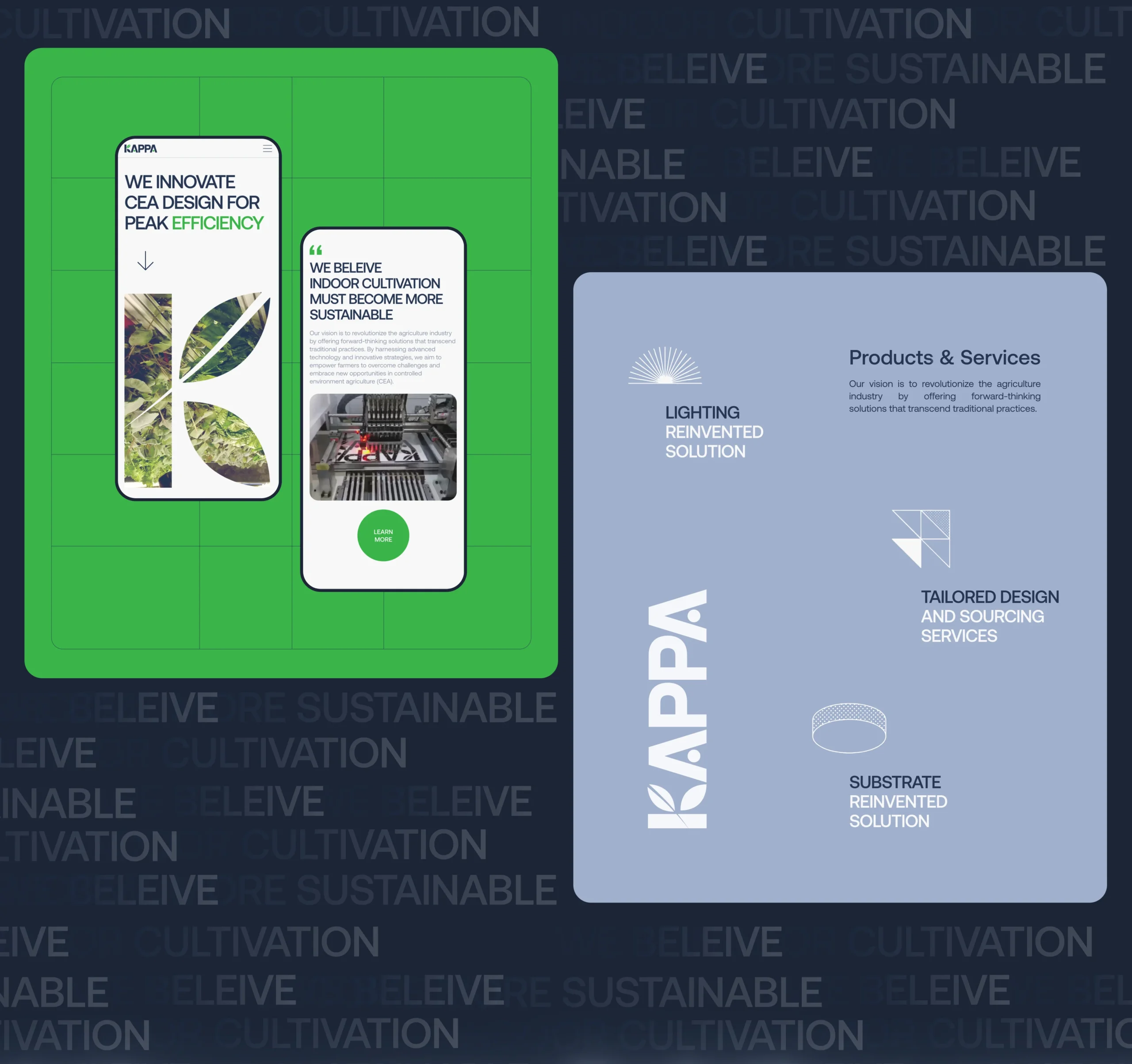 Mobile interface screens alongside service categories and brand elements