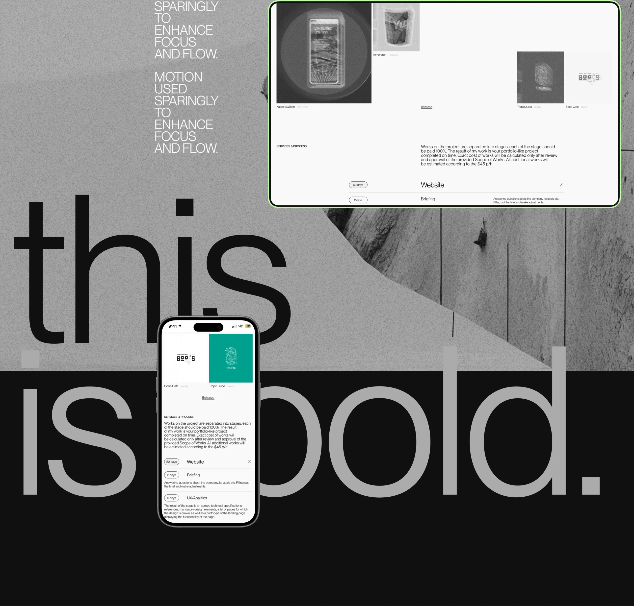 Responsive website layout displayed across desktop and mobile screens with bold typography background
