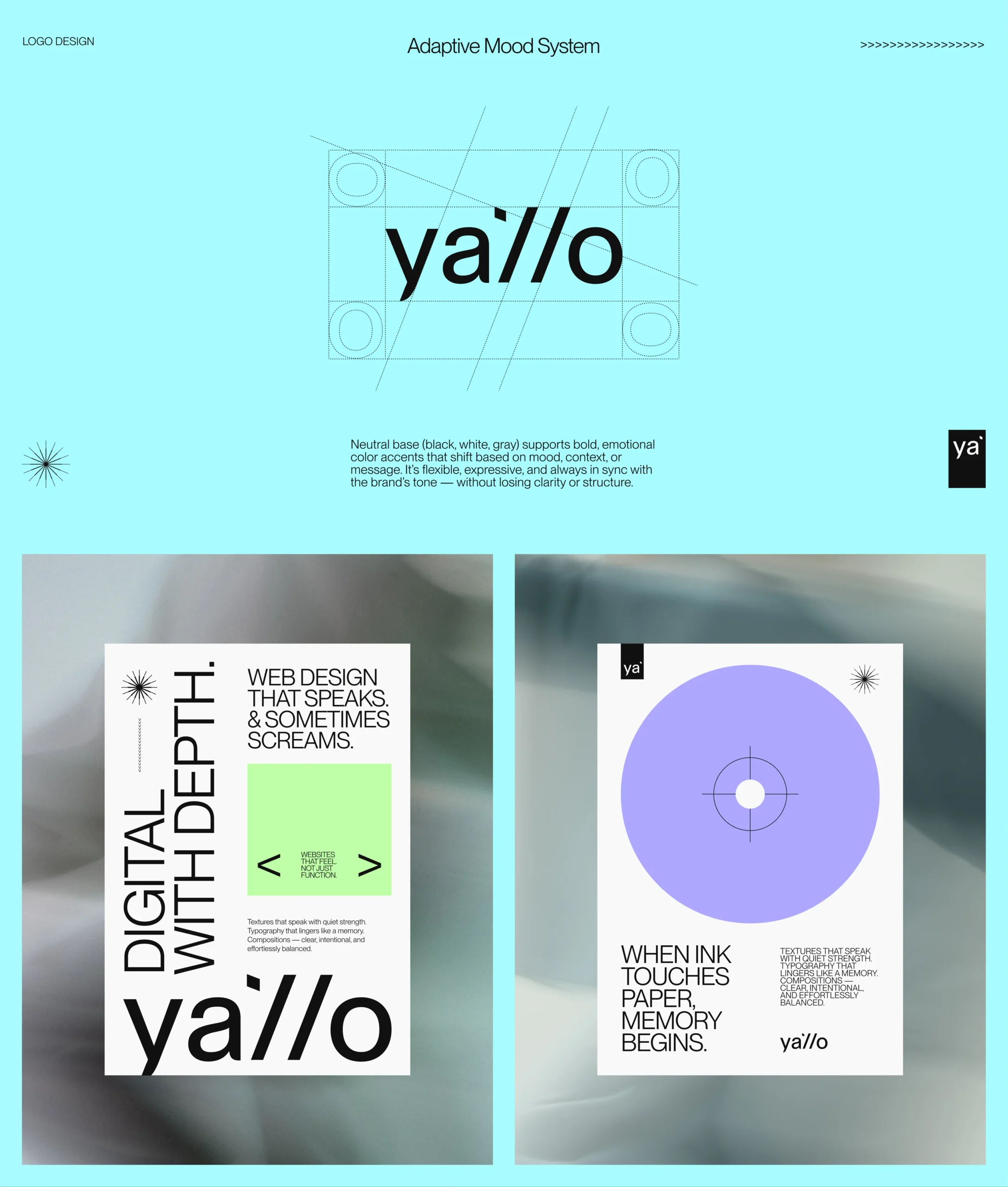 Yallo logo grid construction with adaptive color system and poster design examples