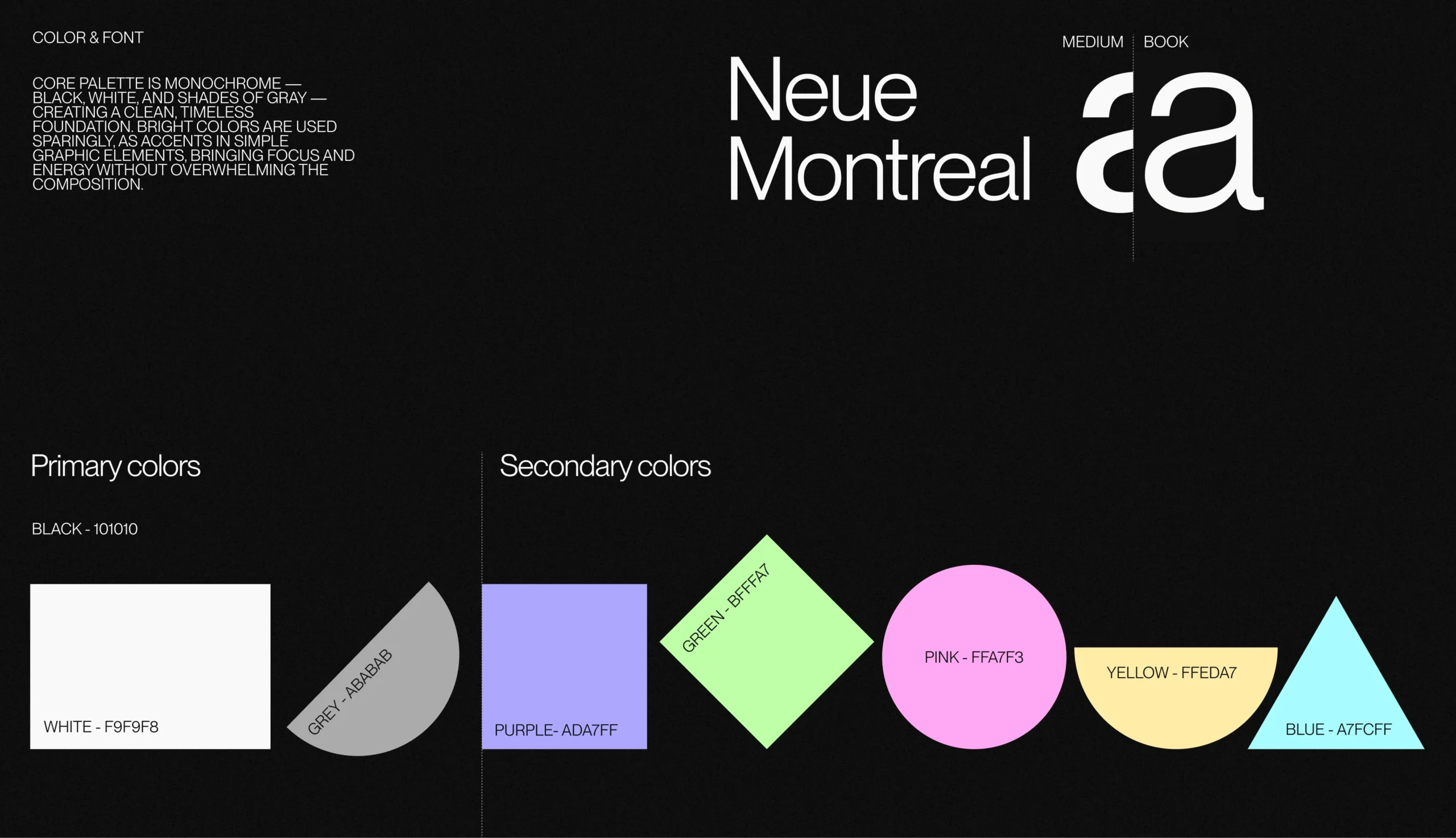 Yallo color palette and Neue Montreal typography system with primary and secondary colors