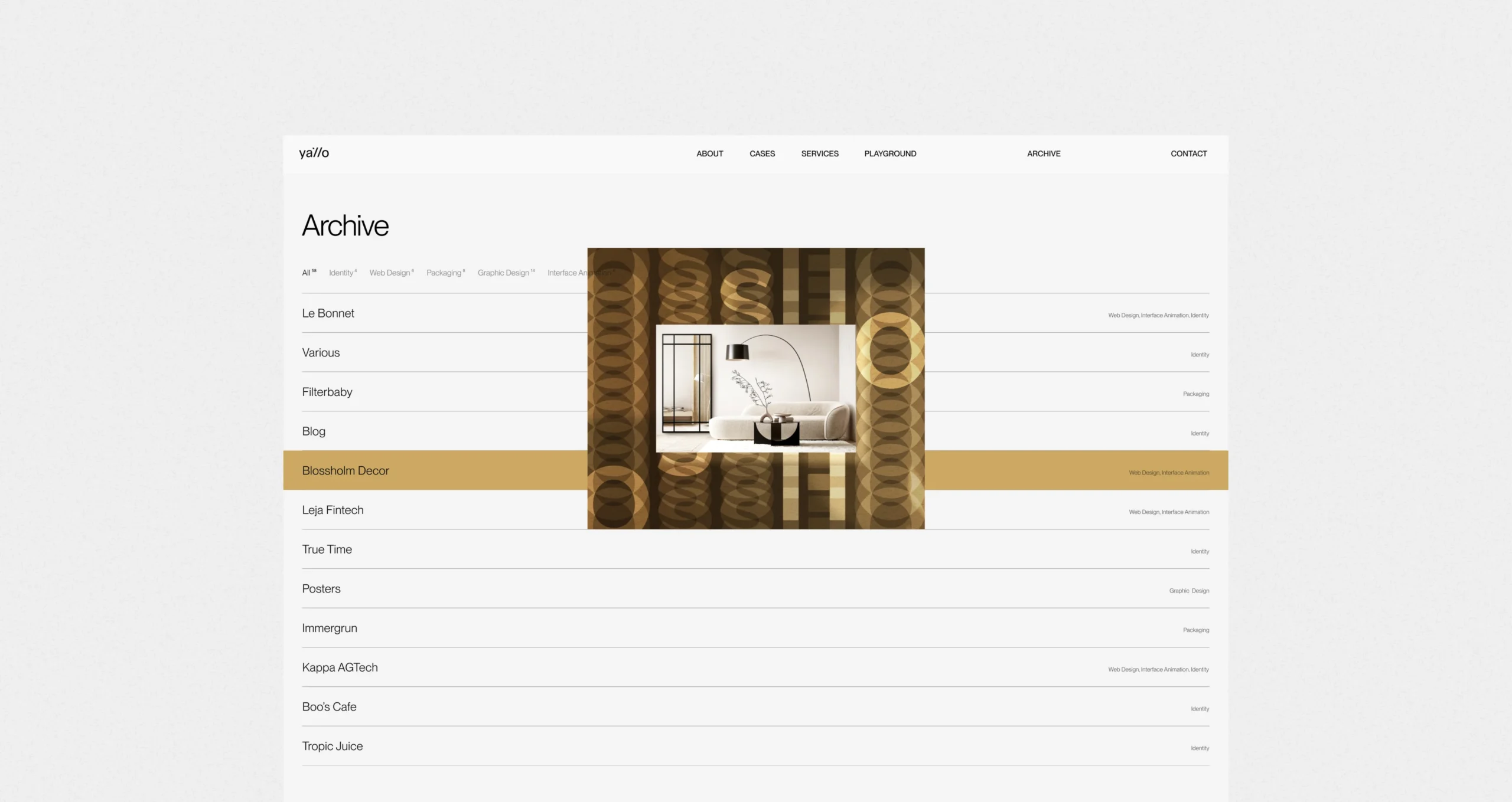 Yallo archive page listing projects with highlighted row and central preview image
