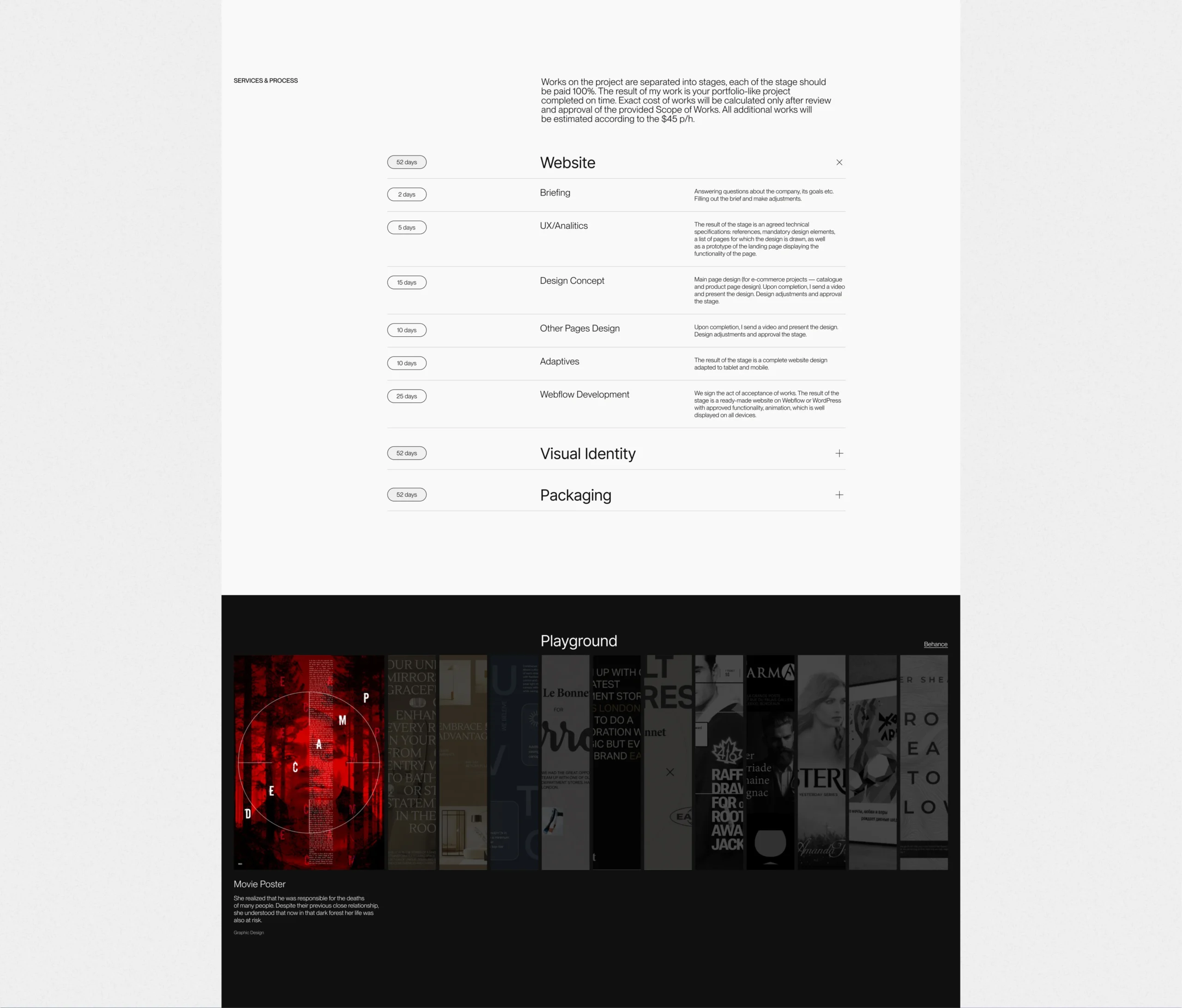 Website services timeline with project stages and horizontal playground gallery of visual works
