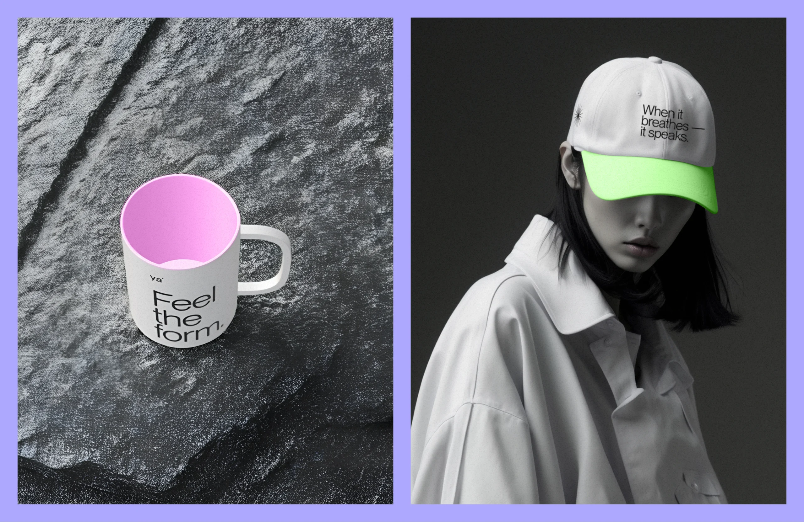 Branded mug and cap with Yallo identity using minimal typography and accent colors