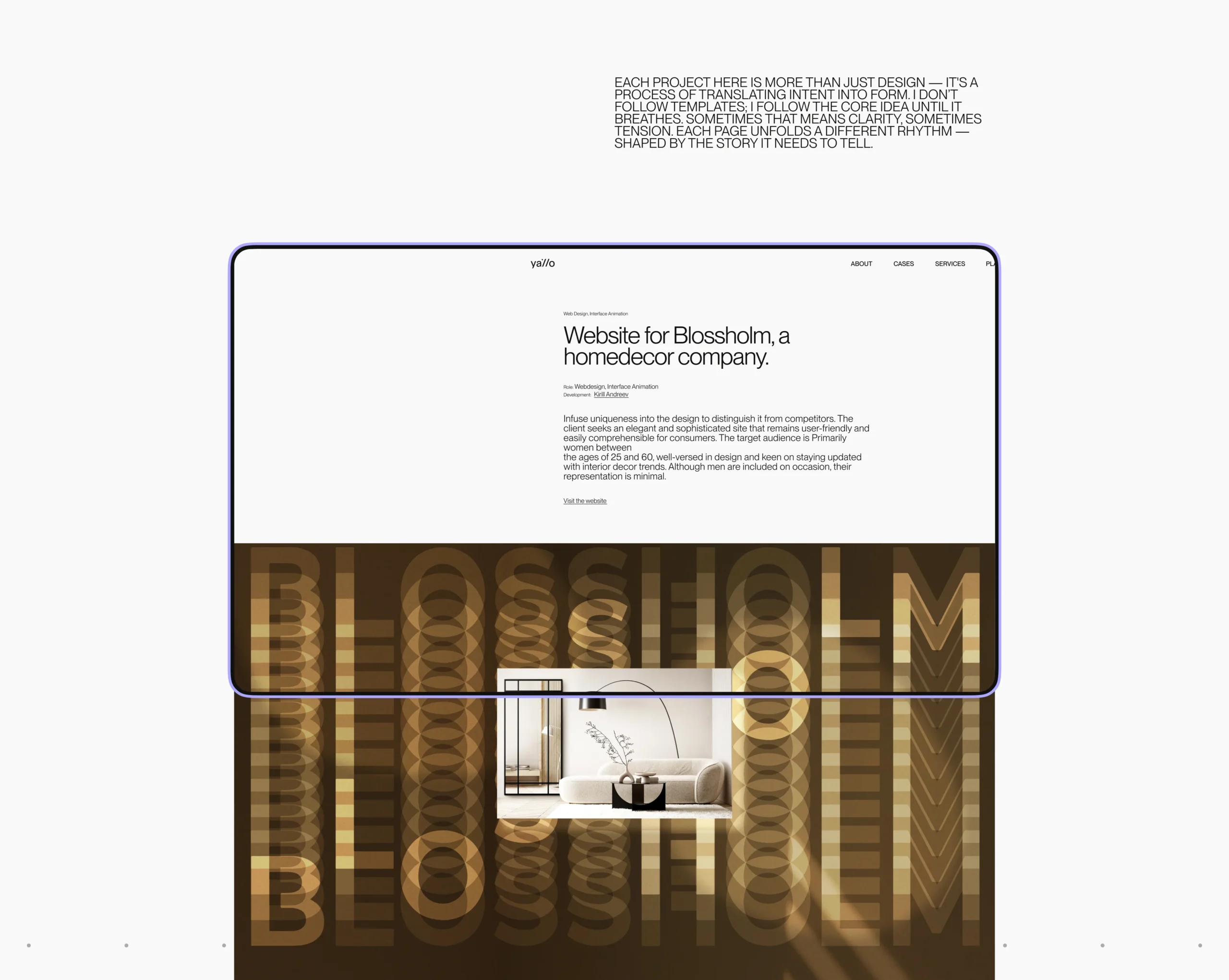 Website case study page for Blossom Decor with typography and visual preview