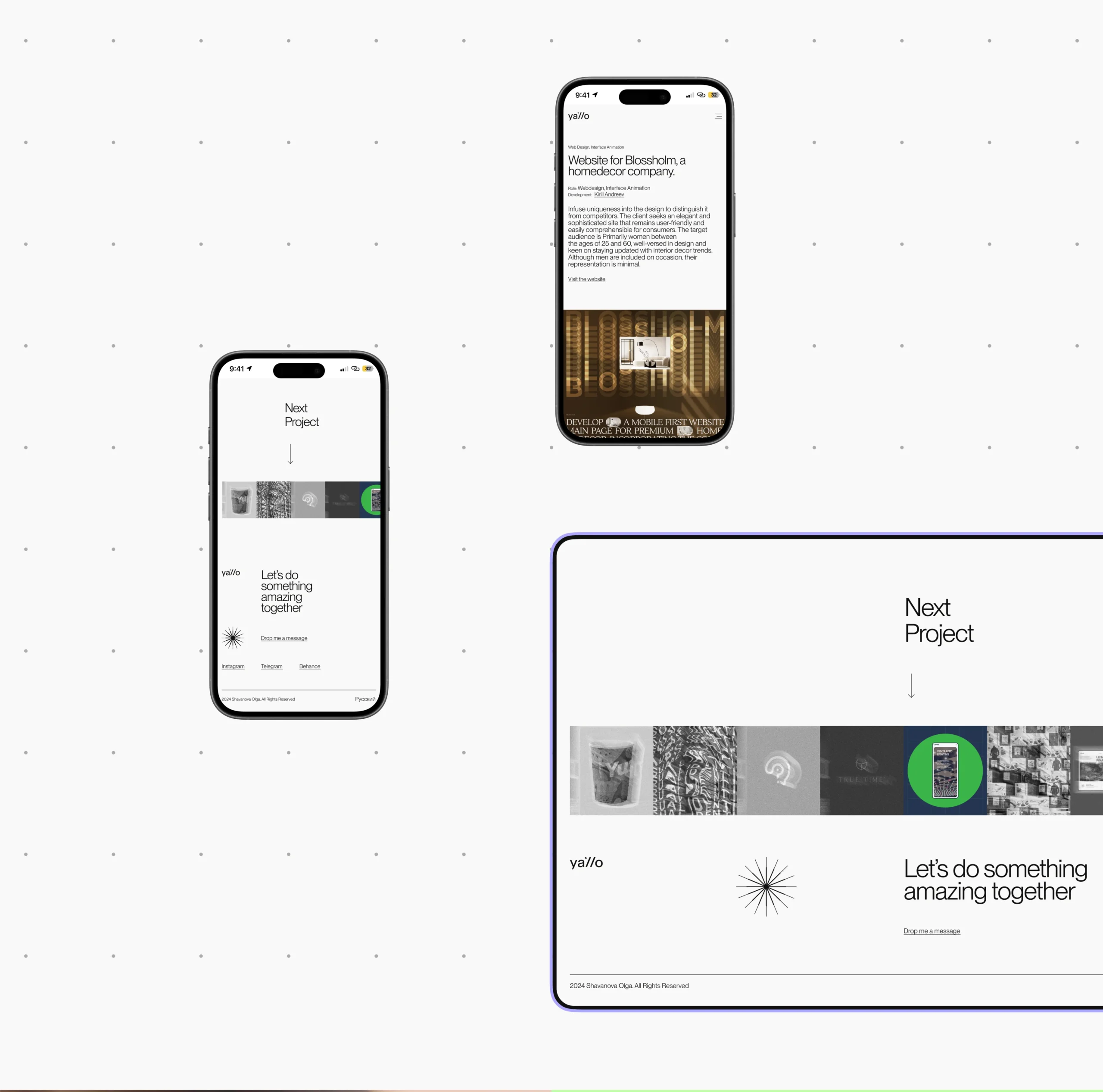 Mobile and desktop layouts showing next project navigation and contact section