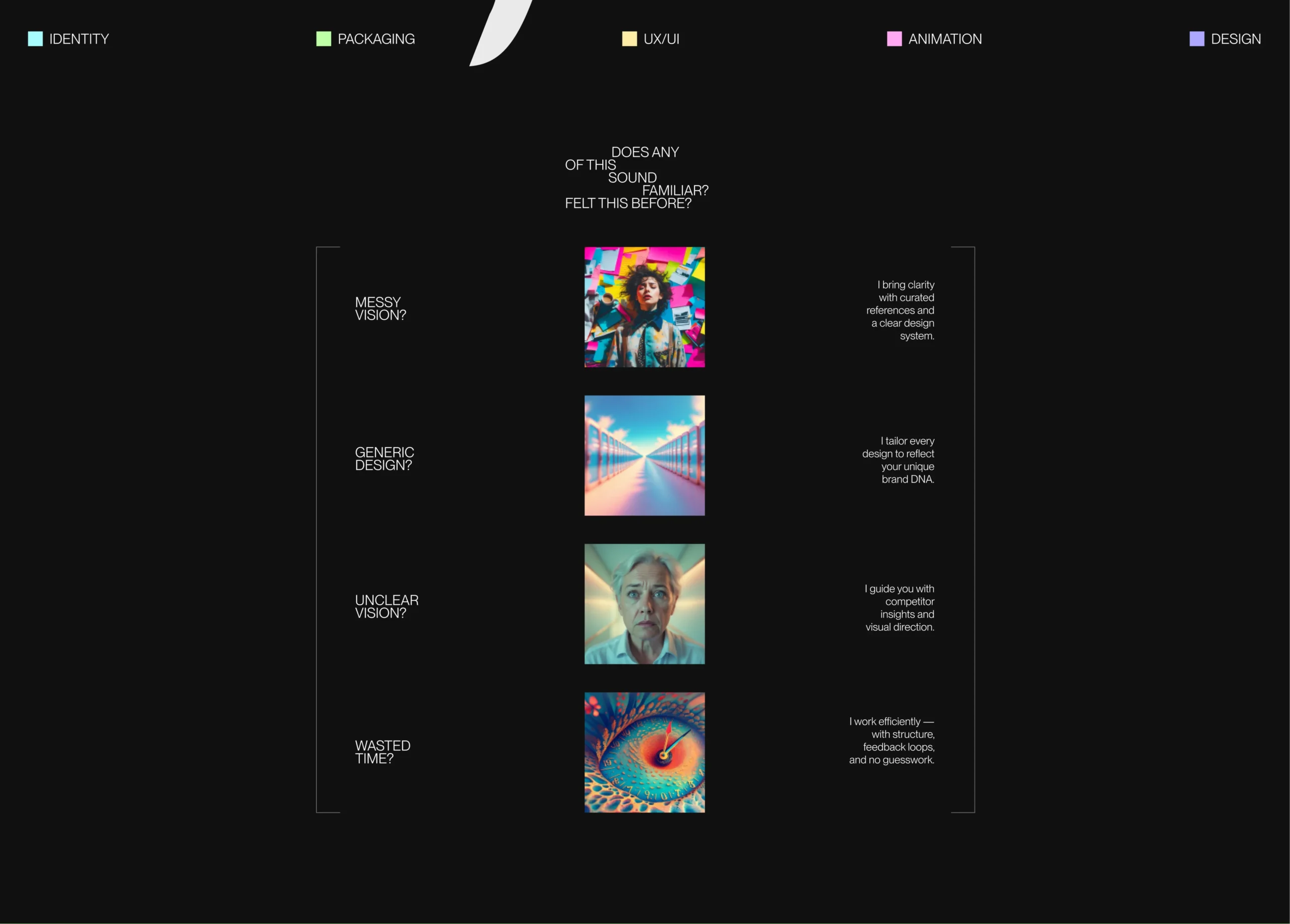 Yallo portfolio showing design problems and solutions with visual examples and structured layout