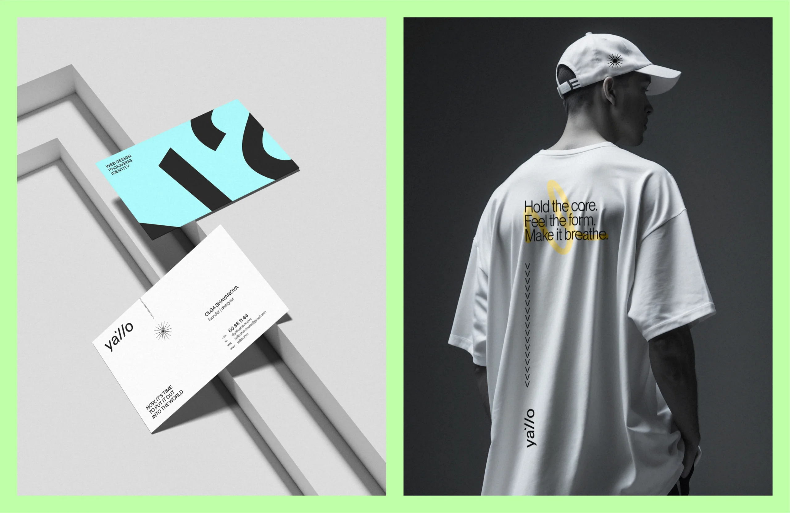 Yallo brand identity shown on business cards and apparel with typography and graphic system