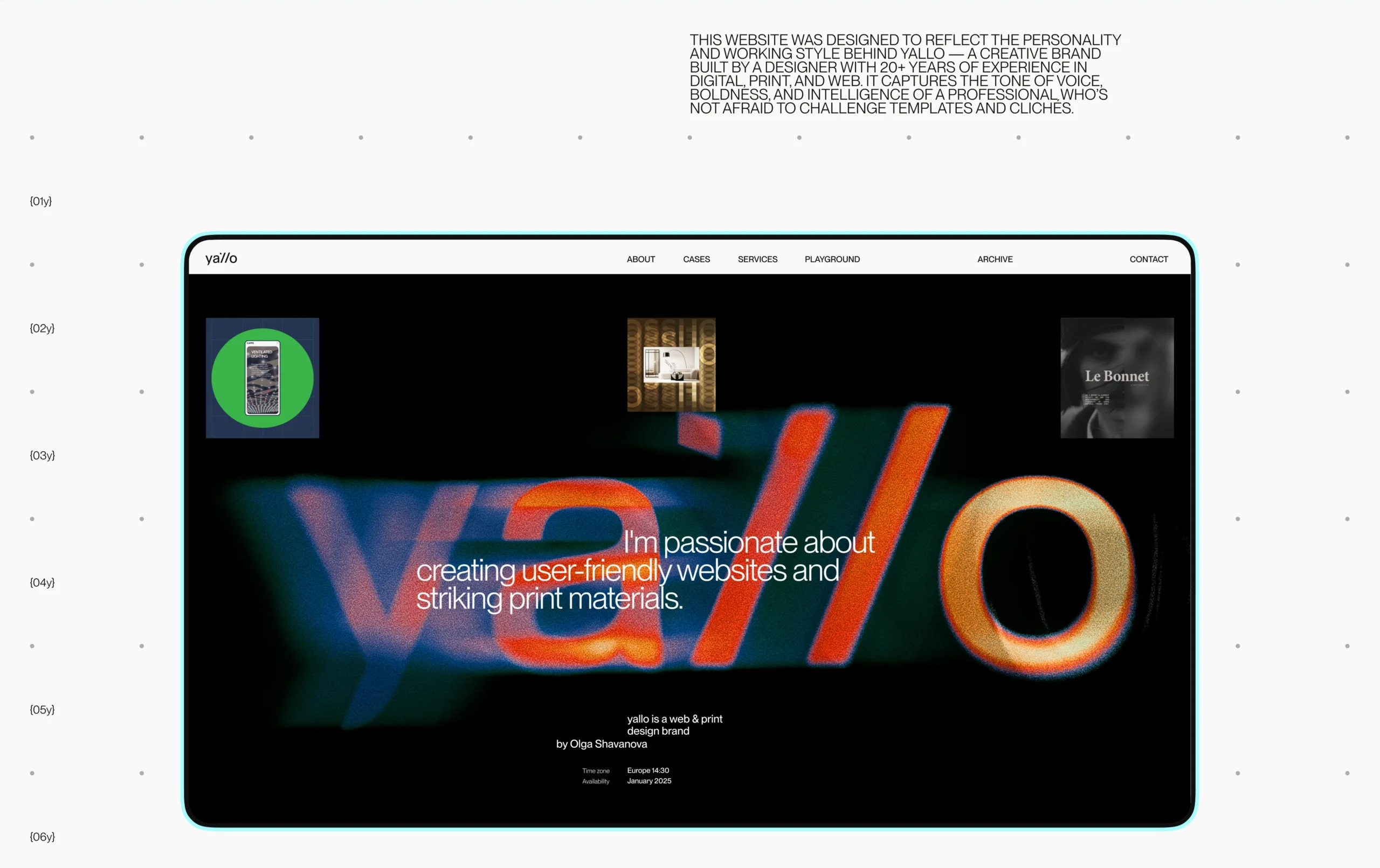 Yallo portfolio homepage with bold typography, blurred logo and project previews