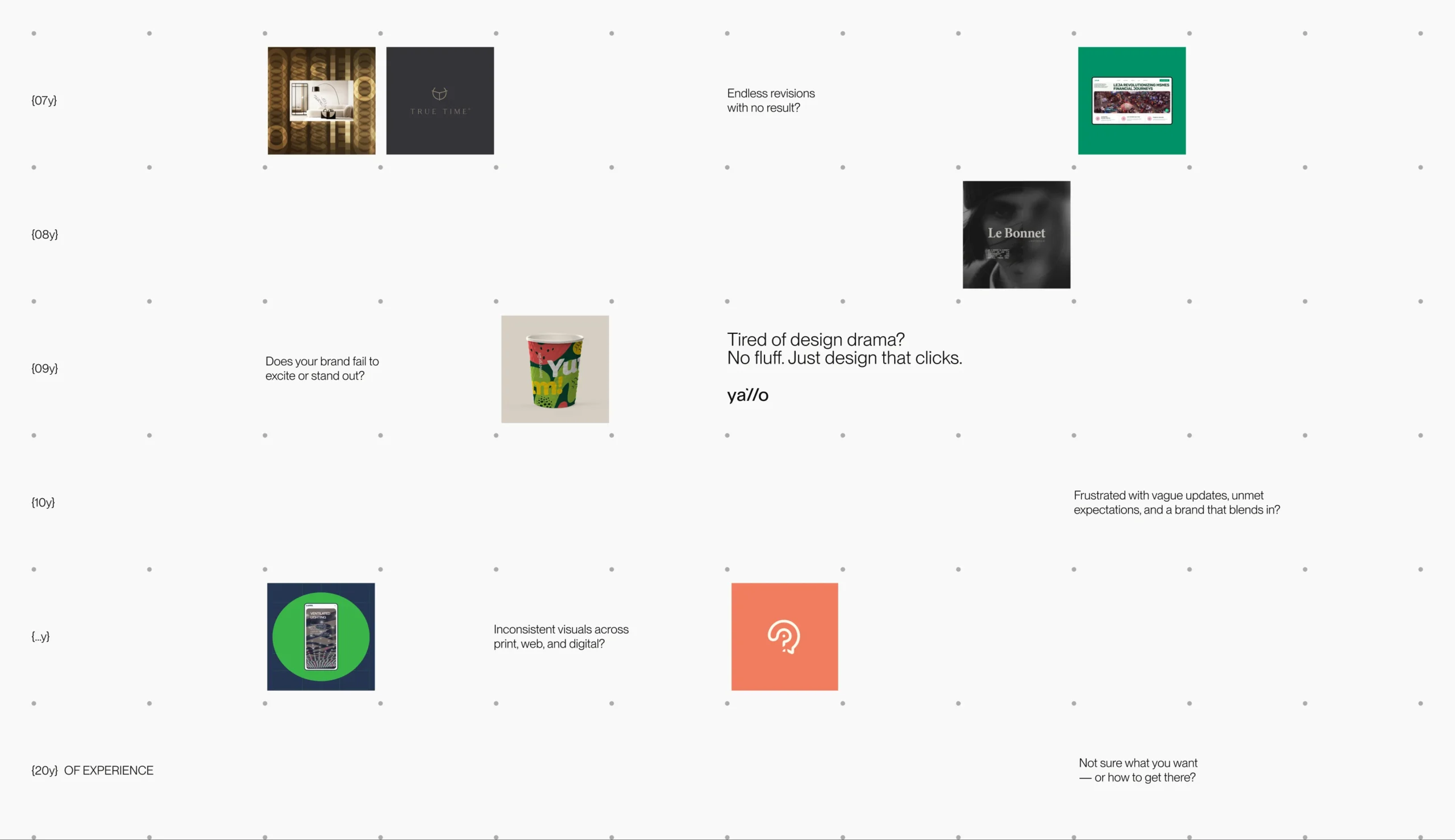 Yallo website section with scattered layout of project visuals and questions highlighting design challenges