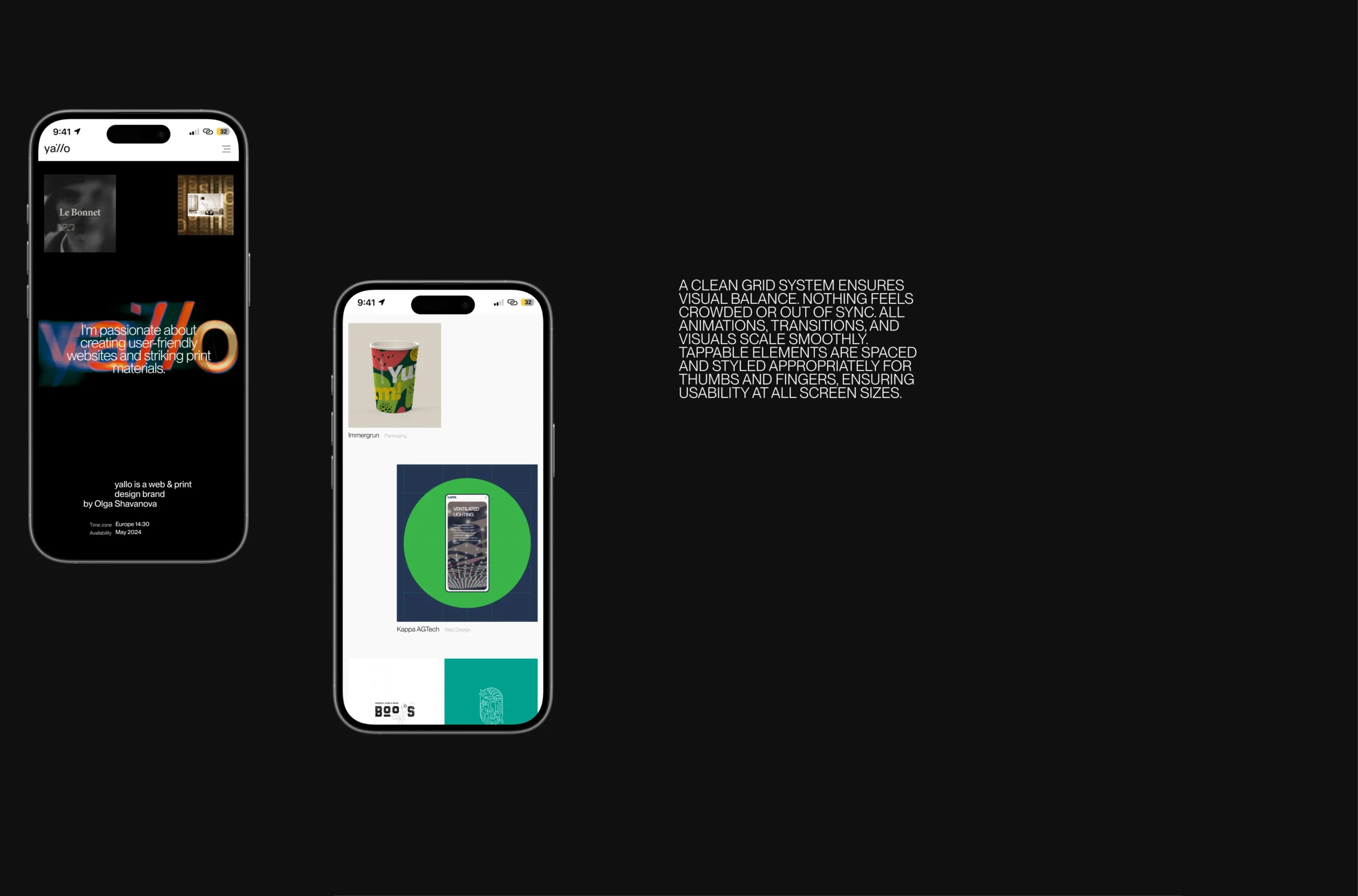 Yallo website mobile interface showing grid system, project previews and responsive layout