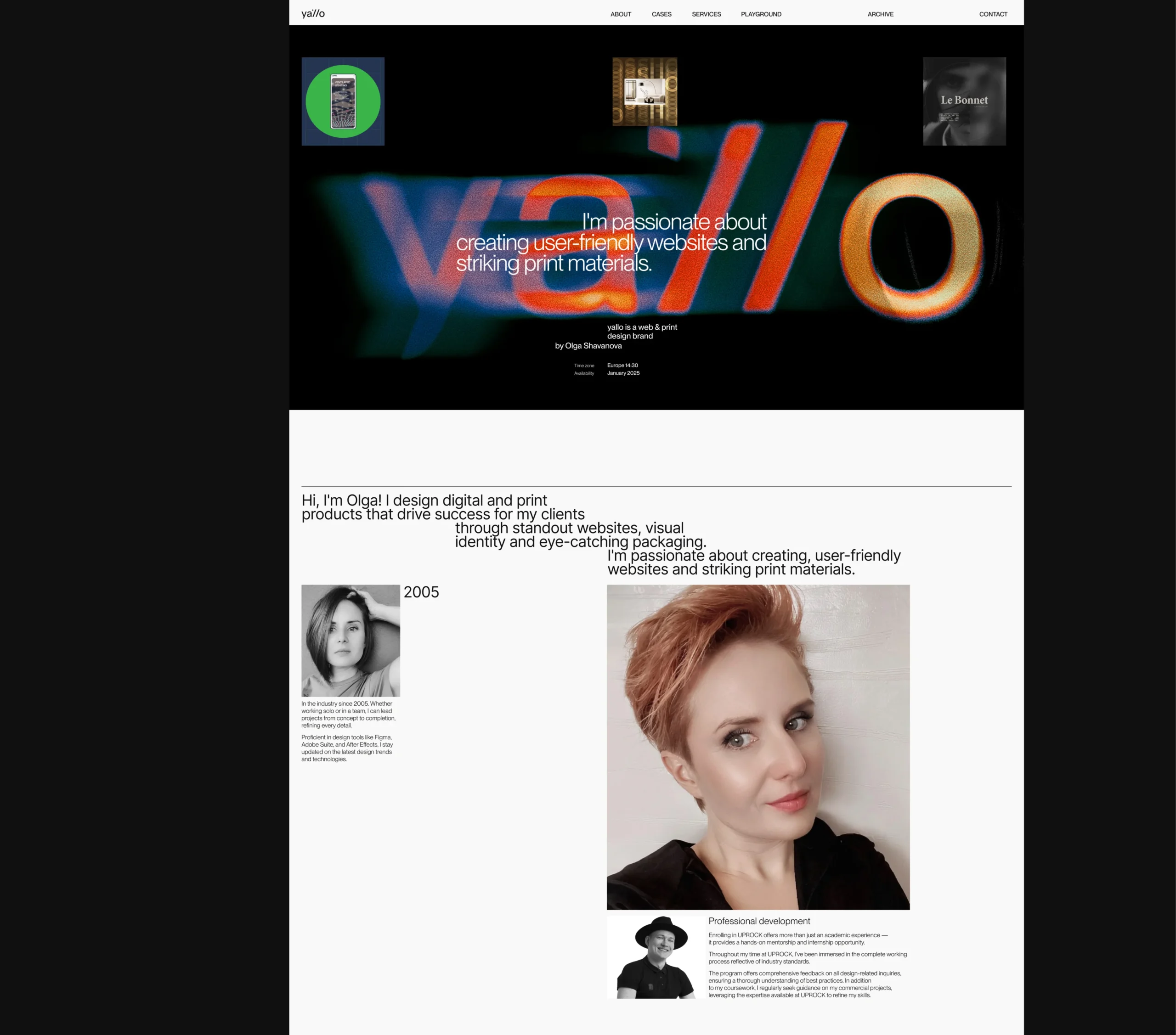 Yallo portfolio about section with designer introduction, typography layout and personal profile