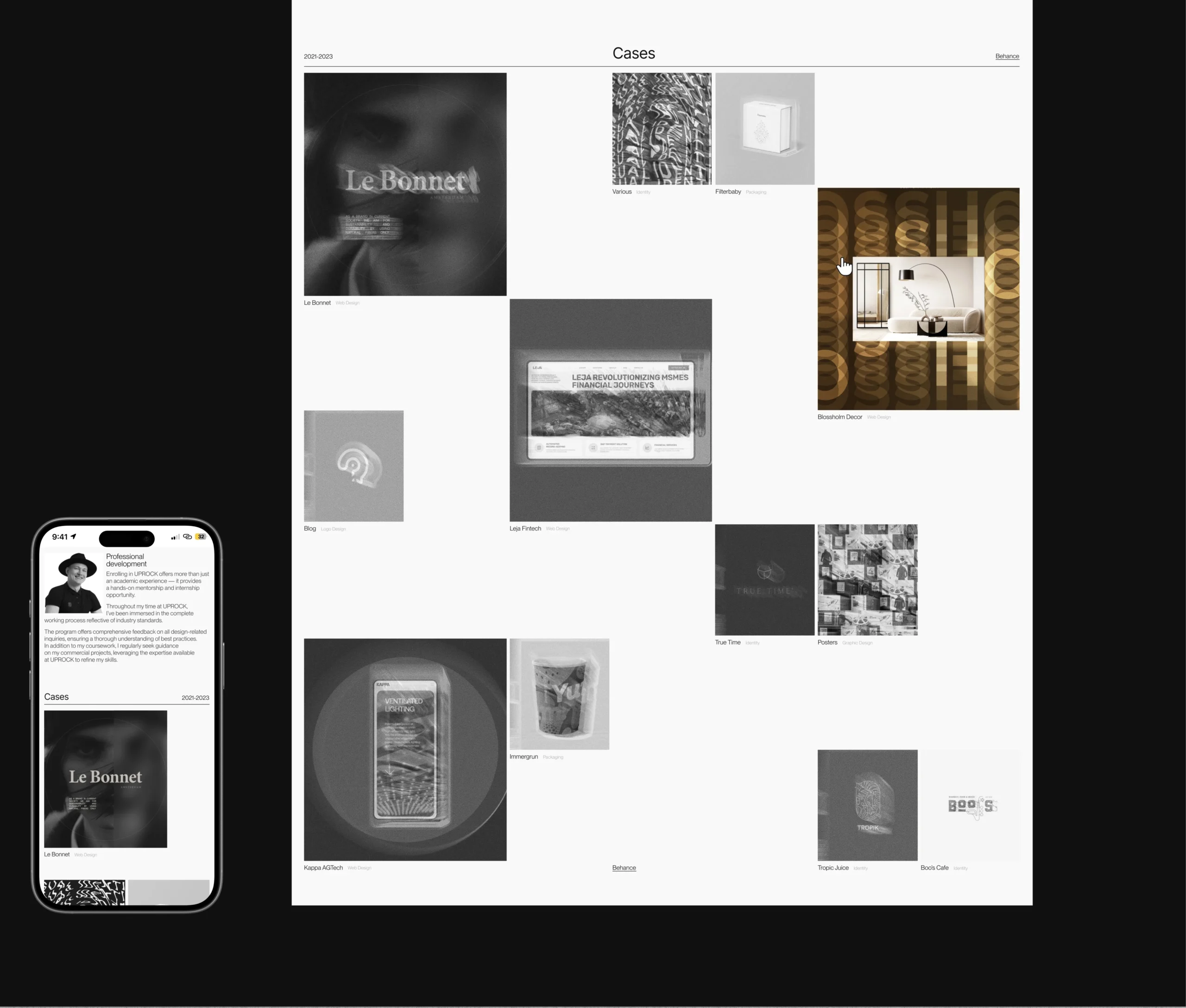 Yallo portfolio cases grid showing multiple design projects in structured layout