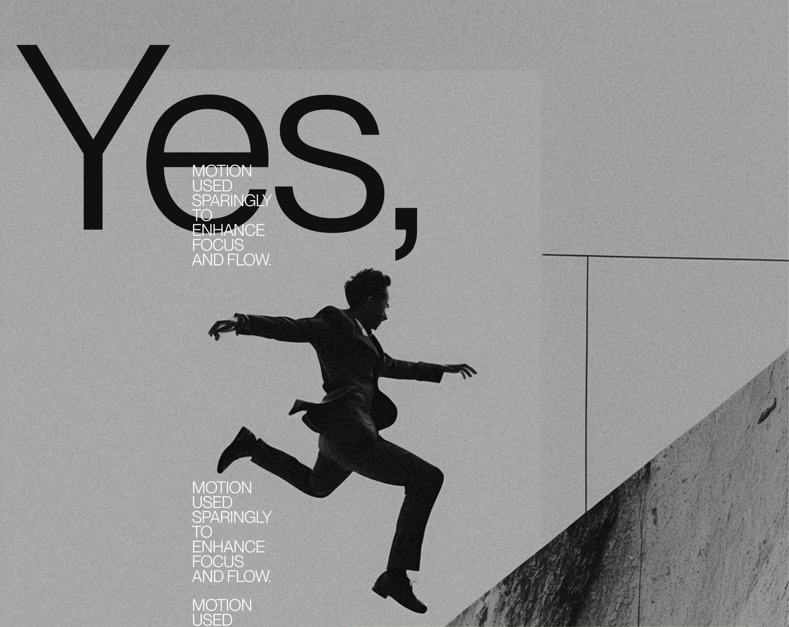Black and white composition with a man jumping and large typography highlighting motion and flow