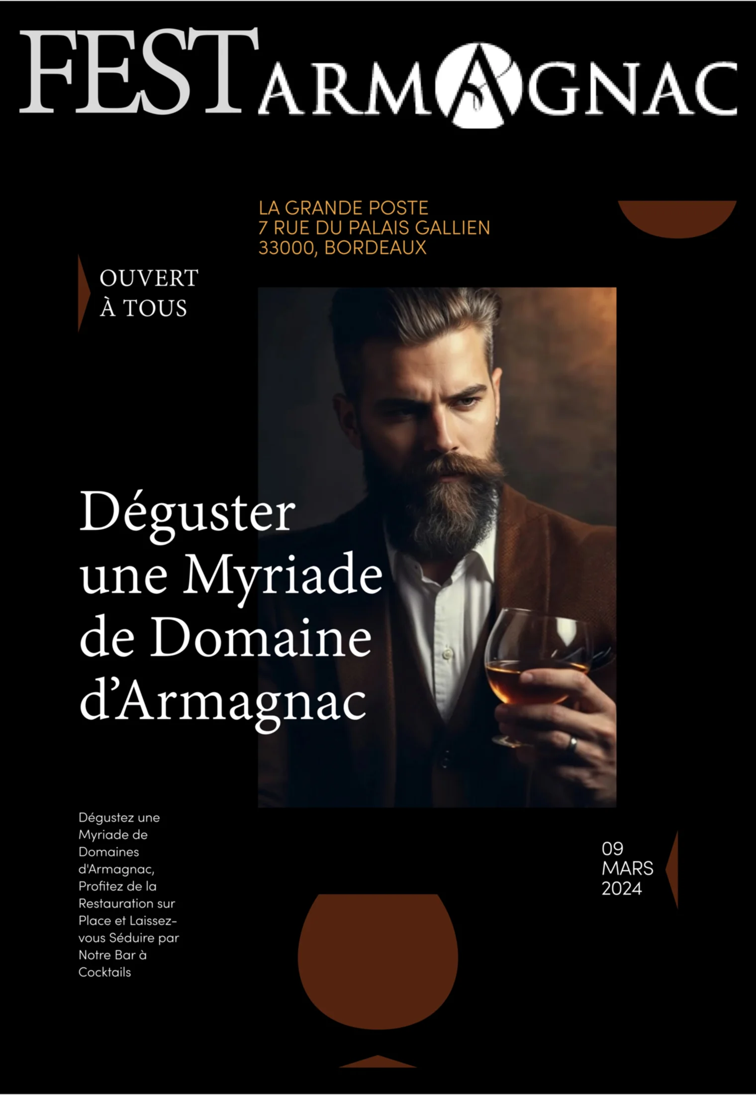 event poster for Armagnac tasting with portrait and dark elegant composition