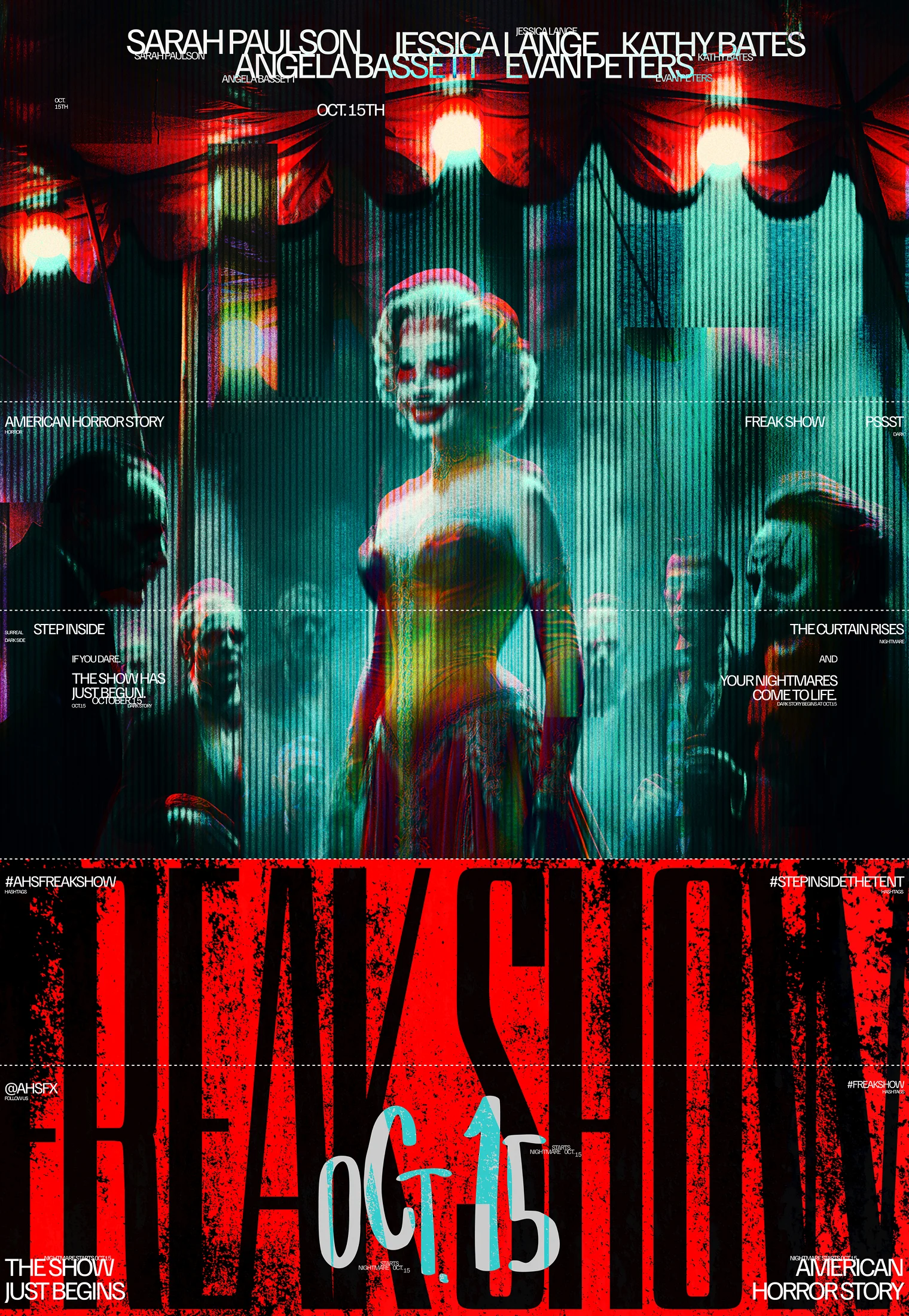glitch horror poster with distorted figures and red typography Freak Show
