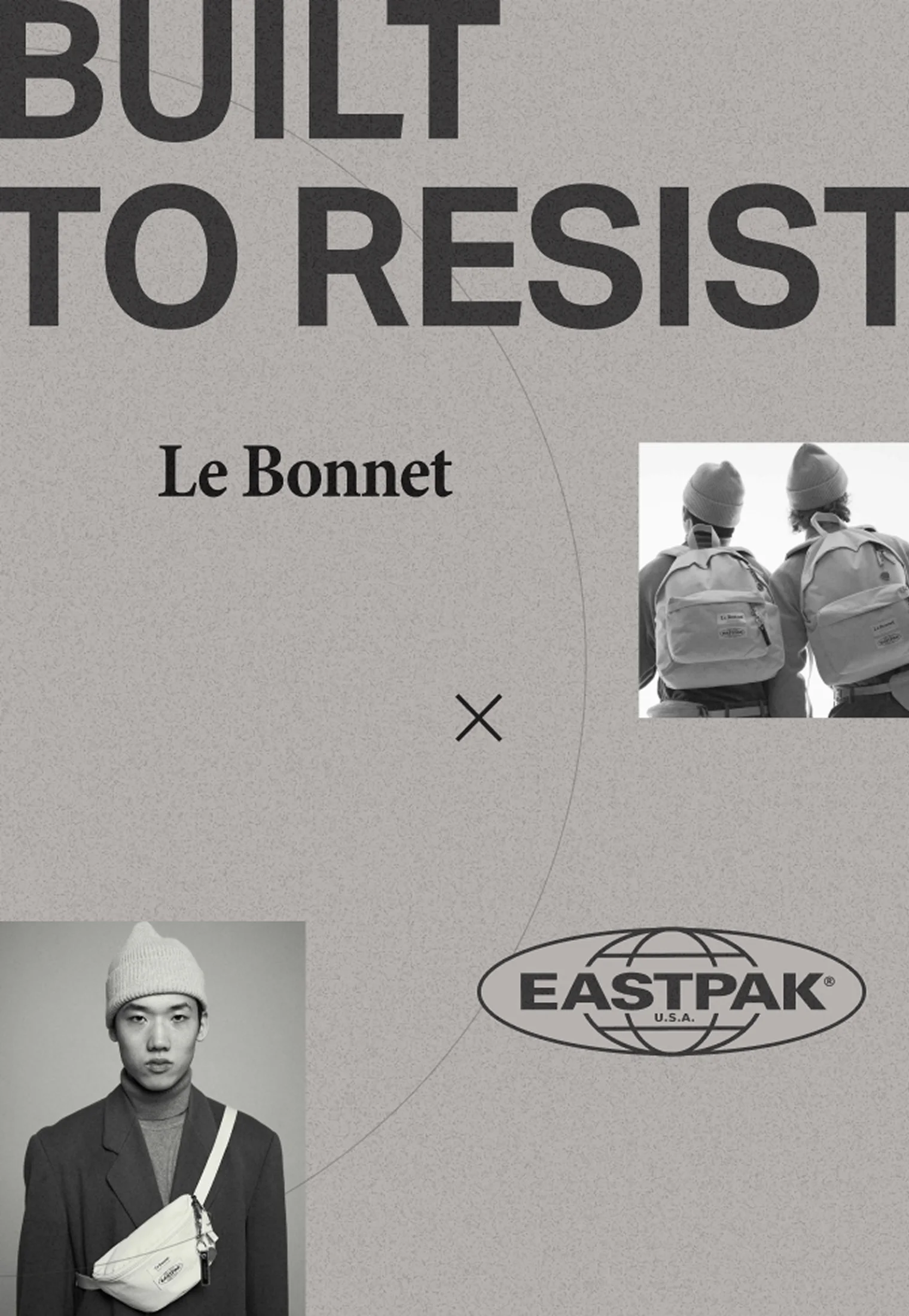 minimalist collaboration poster Le Bonnet and Eastpak with typography and product imagery