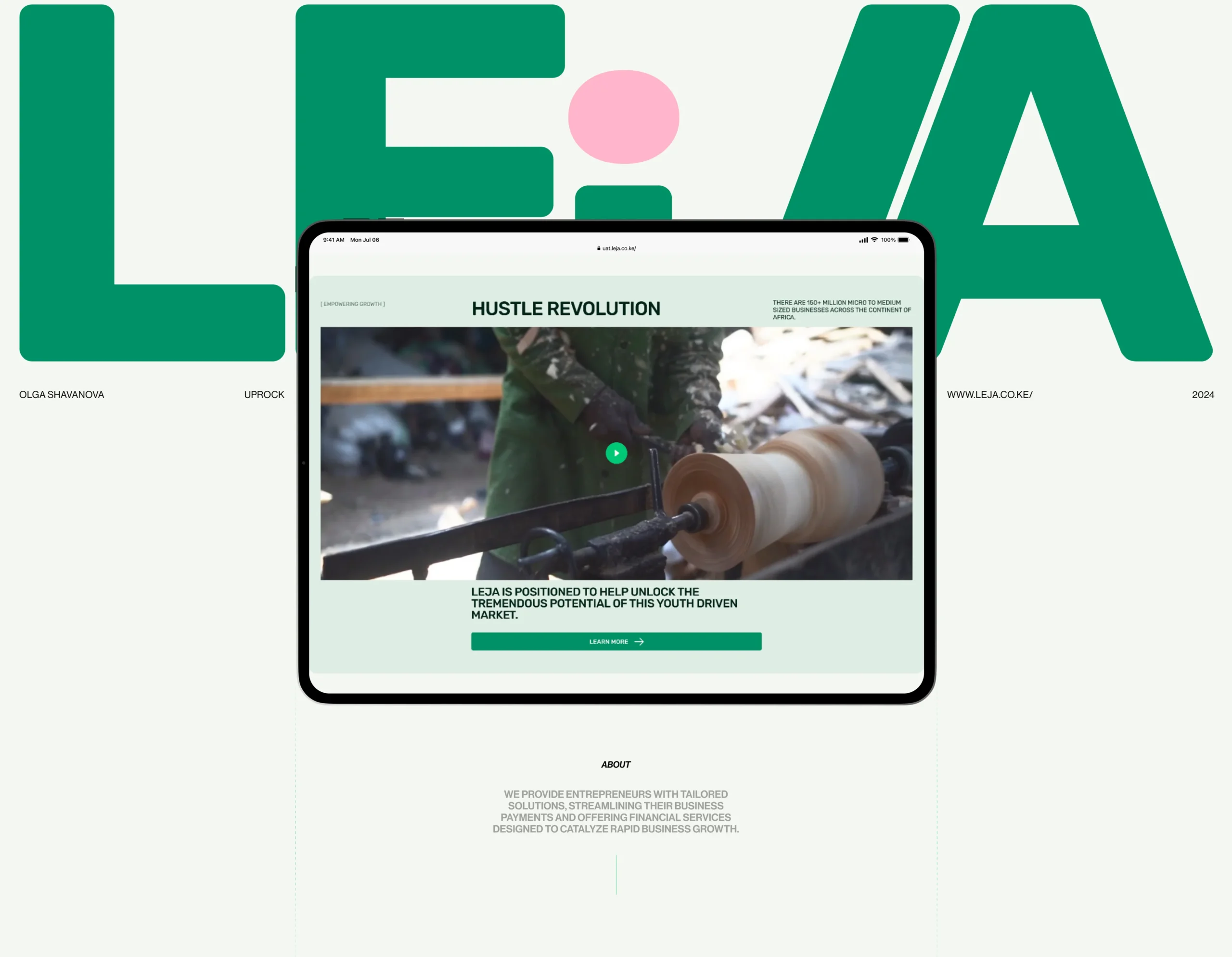 Leja fintech website homepage displayed on tablet with bold typography and minimal layout