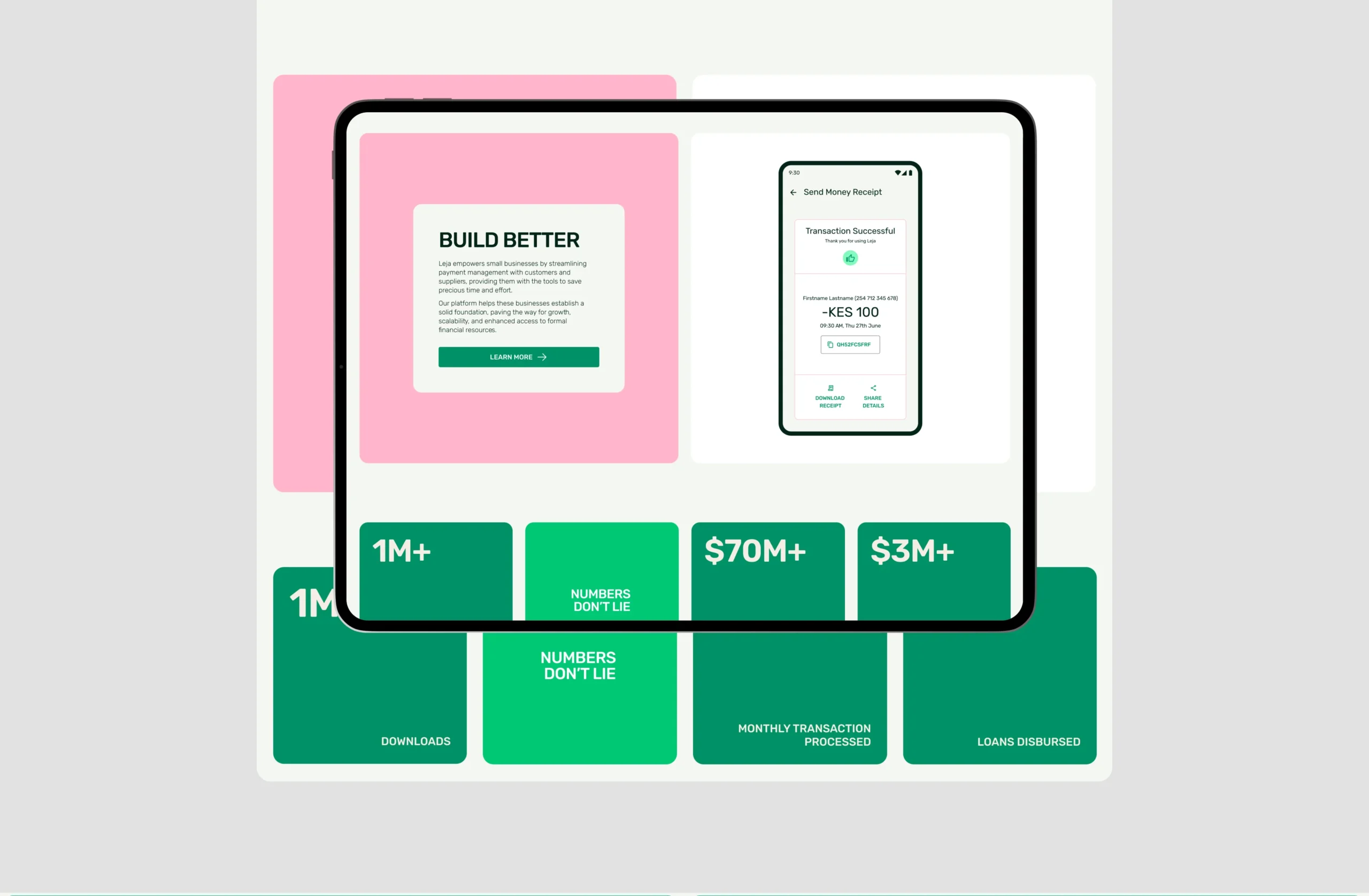 Leja website layout on tablet with feature cards and statistics blocks
