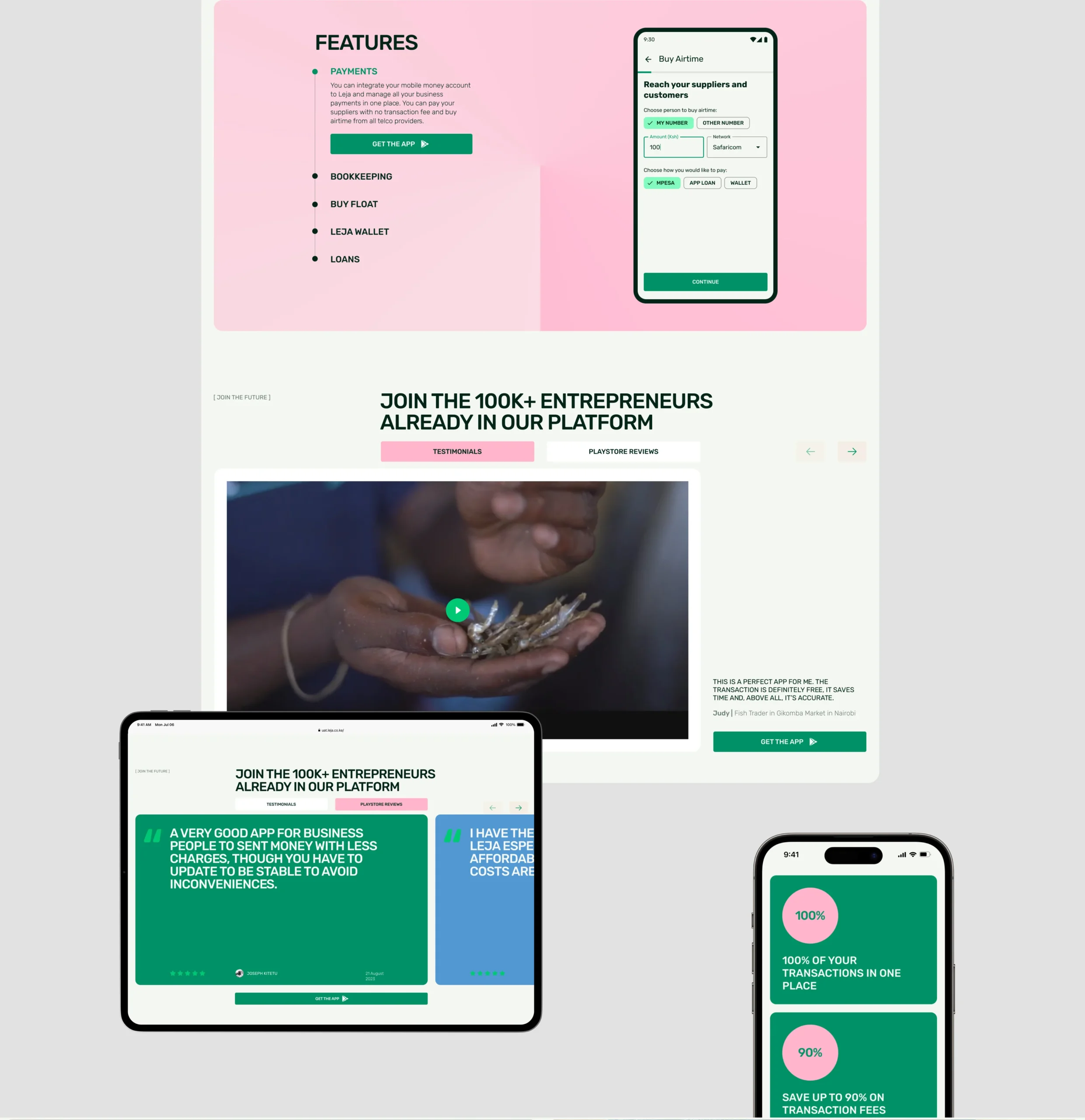 Leja website features section with mobile app screen, testimonials, video content and responsive layouts on tablet and phone