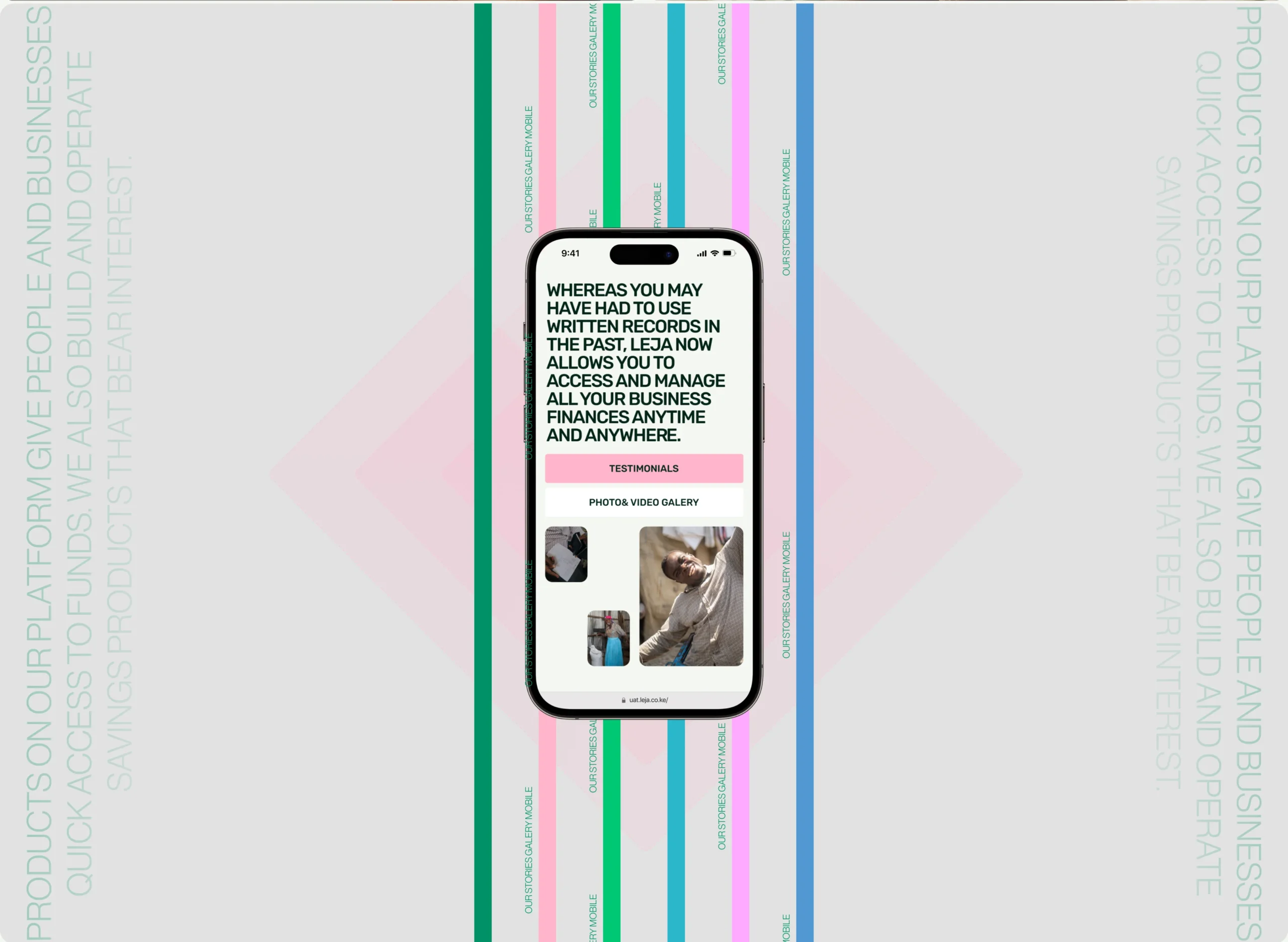 Leja mobile interface with testimonials and photo video gallery overlaid on graphic grid and brand color lines