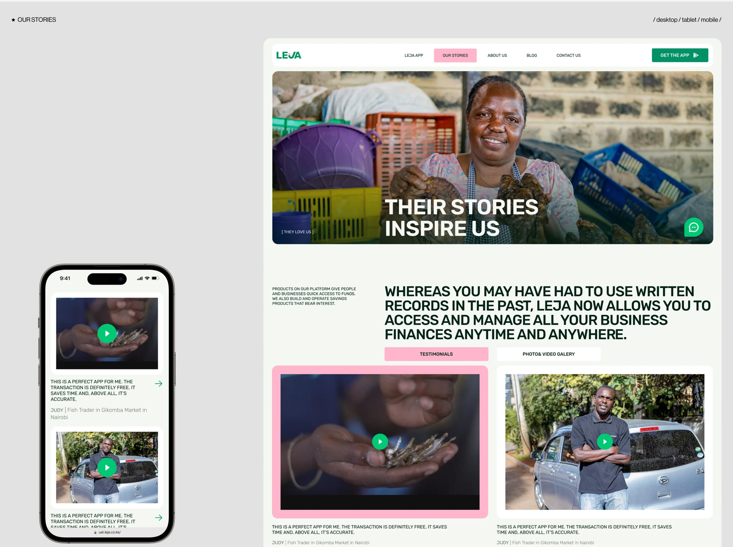 Leja stories page with testimonials, video content and user stories displayed on desktop and mobile layouts