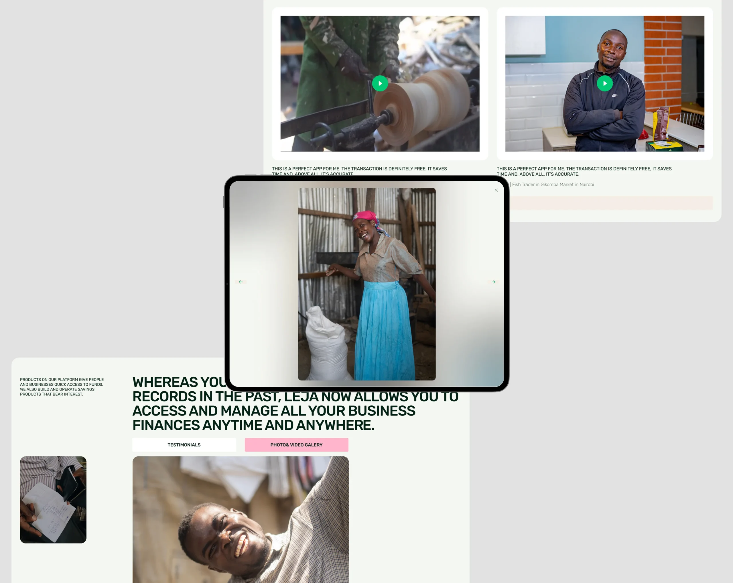Leja photo gallery with enlarged image view on tablet overlay and background grid of user images