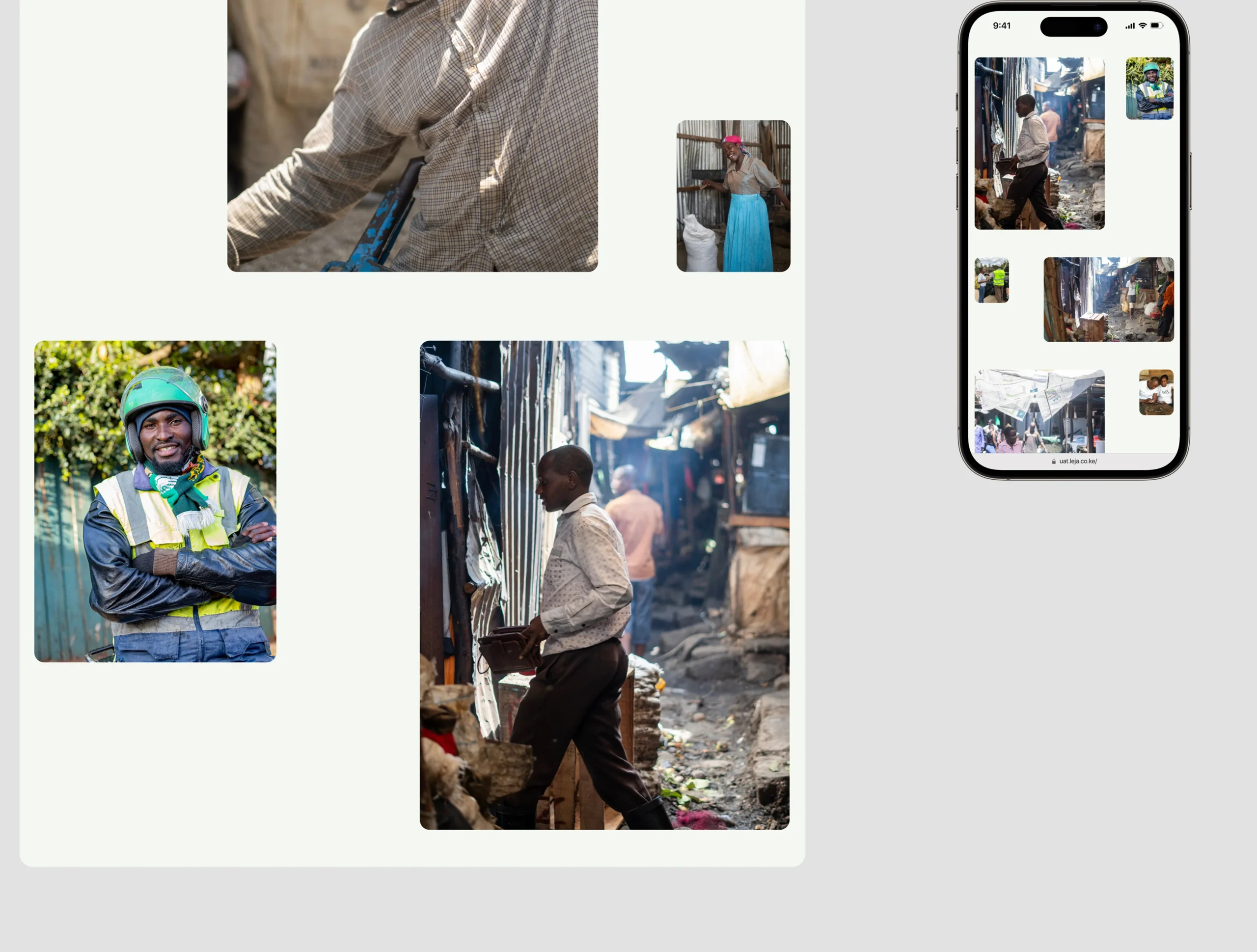 Leja photo gallery with user images displayed in grid and mobile layout preview of gallery interface