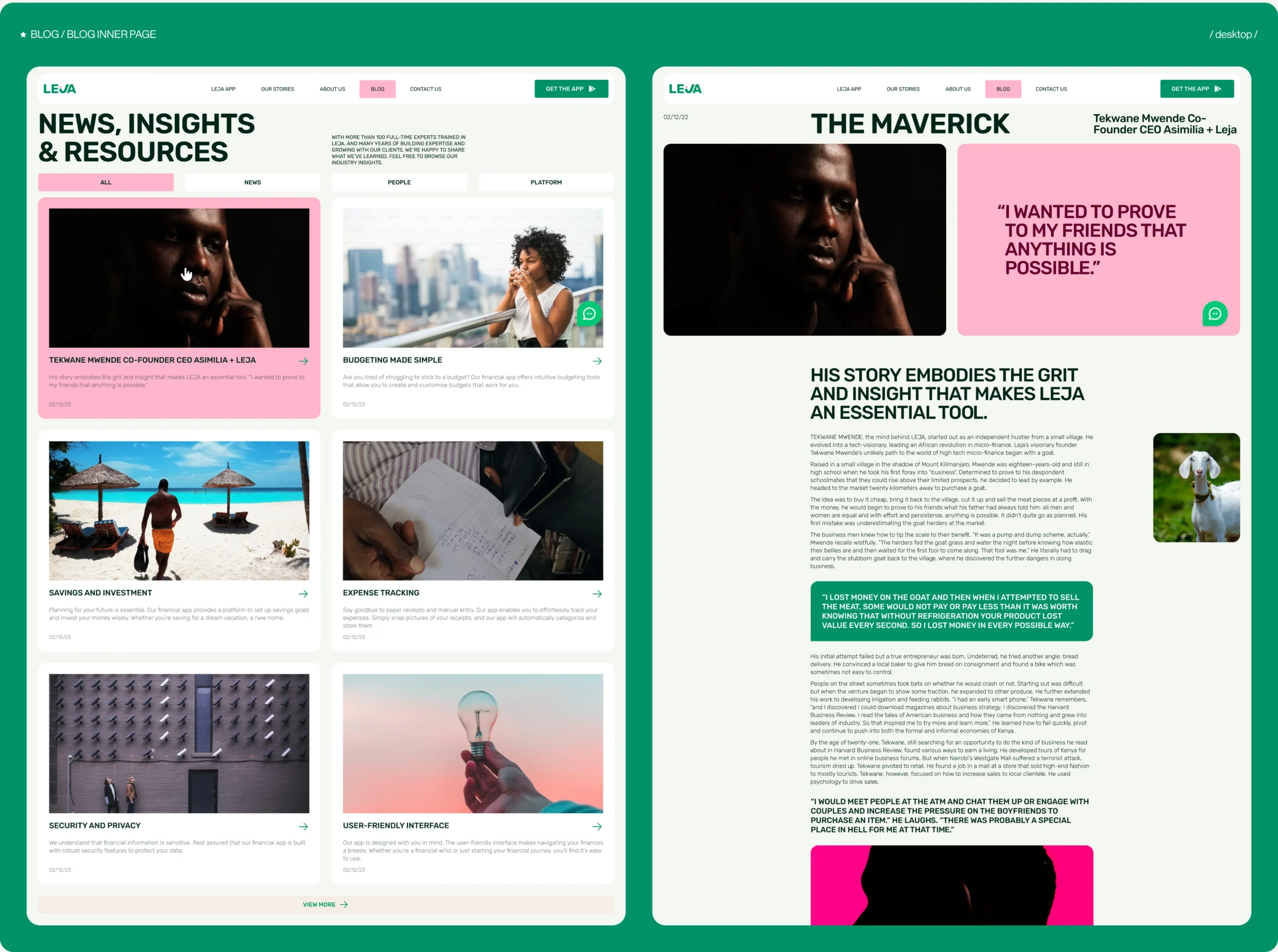 Leja blog page with article grid and detailed blog post layout featuring images, categories and text content