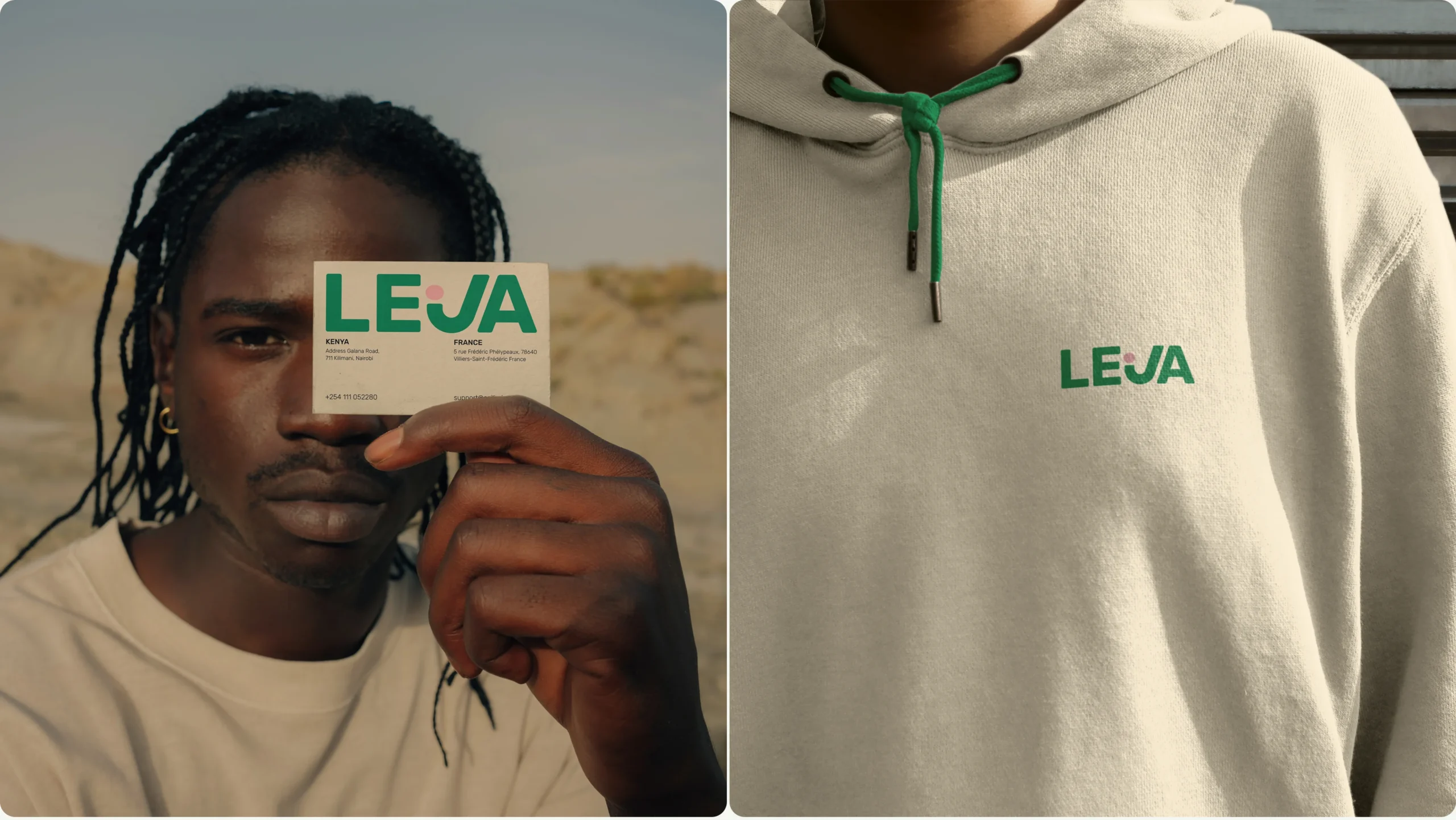 Leja brand identity applied on business card and hoodie with green logo