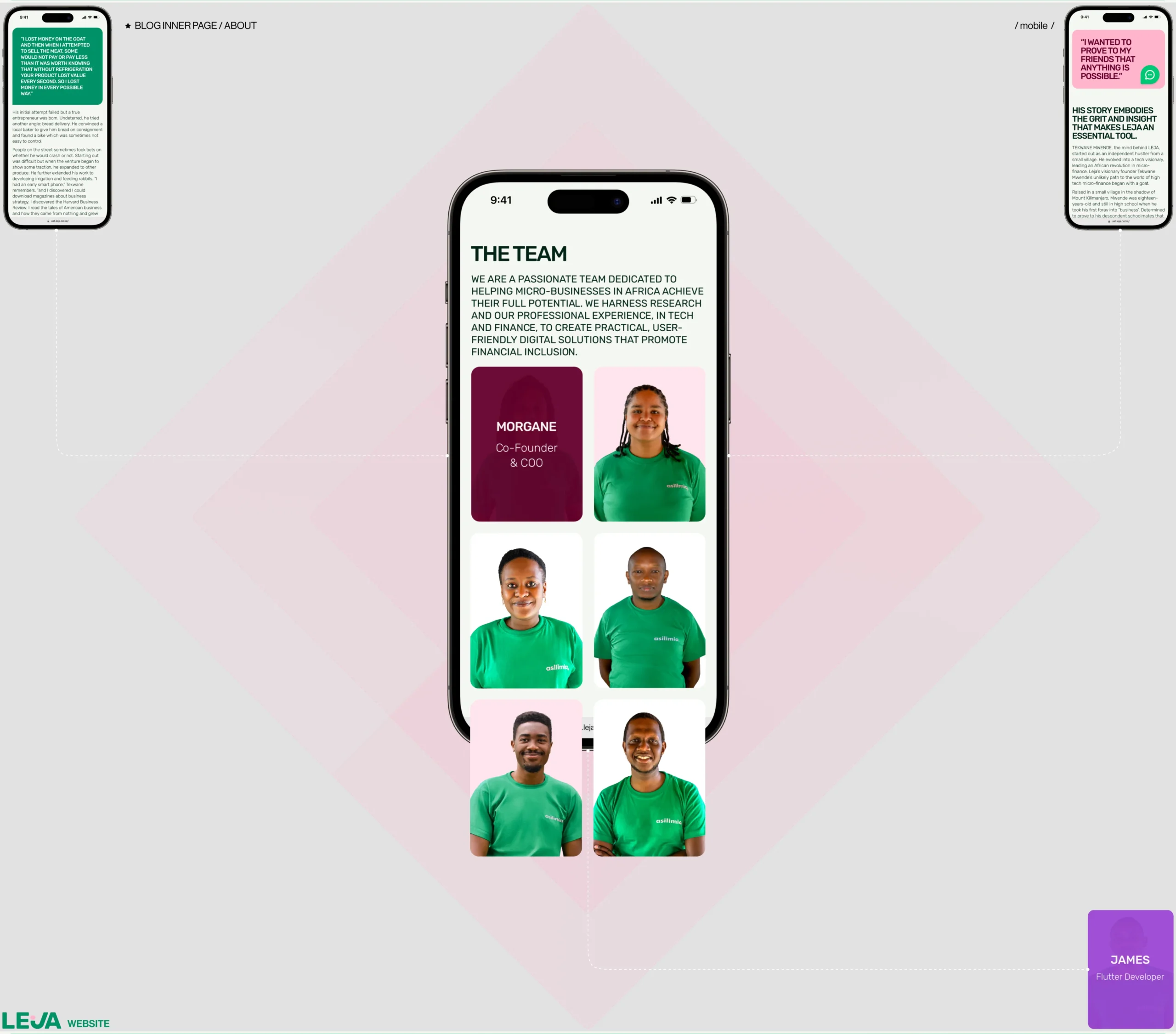 Leja mobile team page with grid of team members and profile cards displayed in app layout
