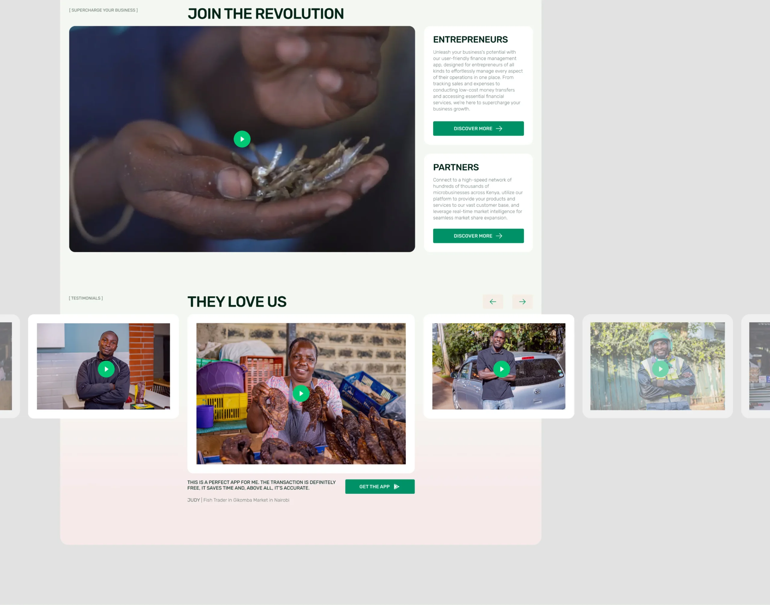 Leja website testimonials section with video stories and customer cards