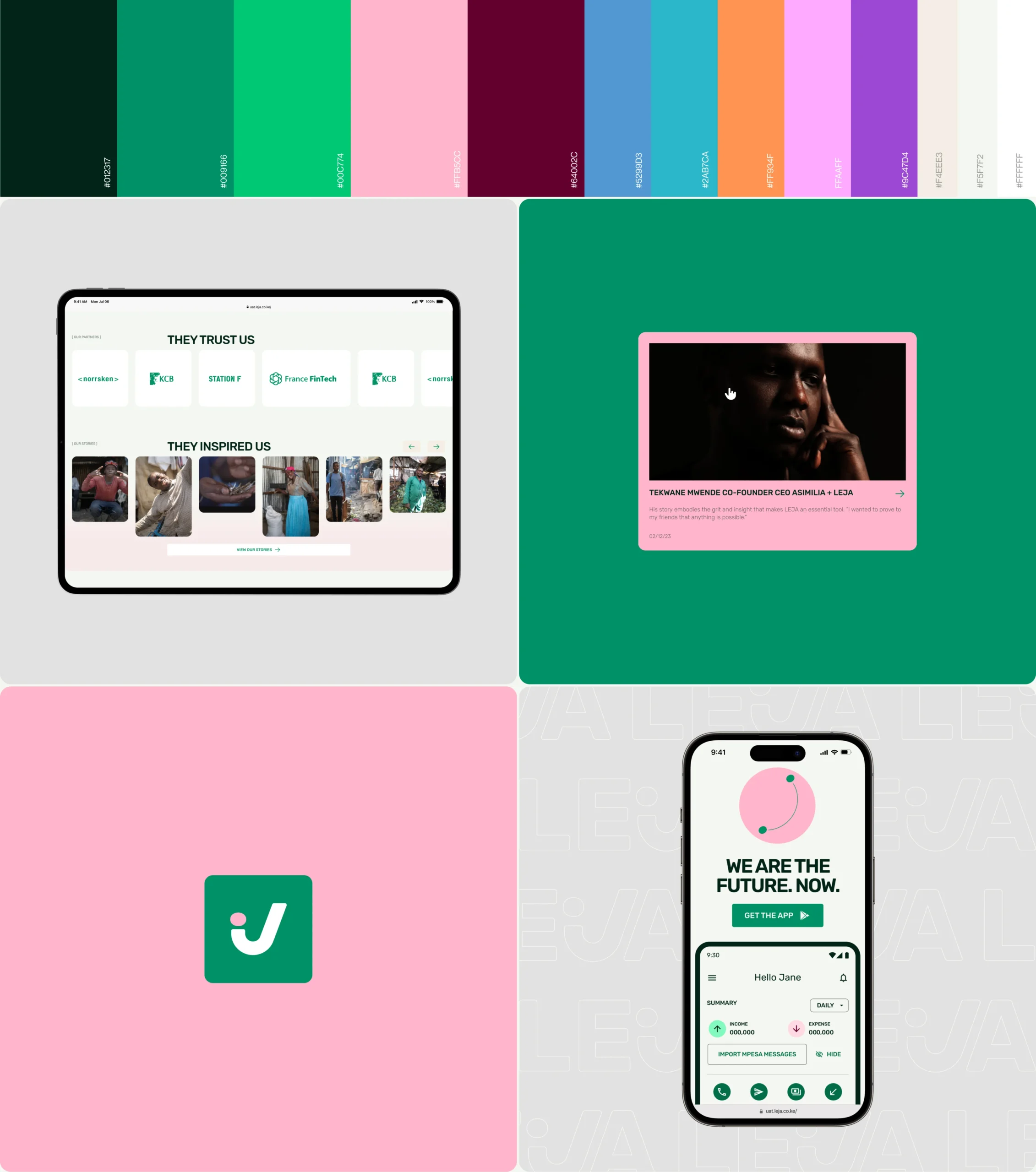Leja color palette and interface components with brand colors and UI elements