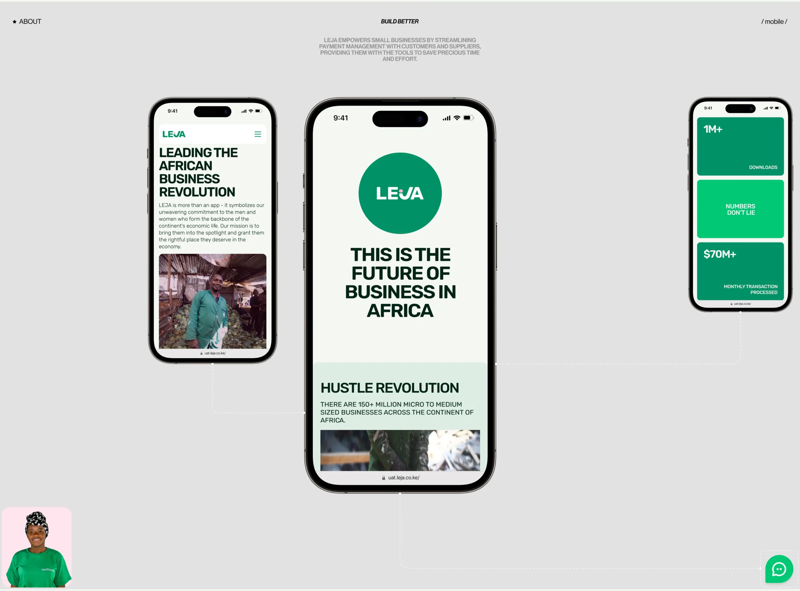 Leja mobile website interface screens showing responsive layout and key sections