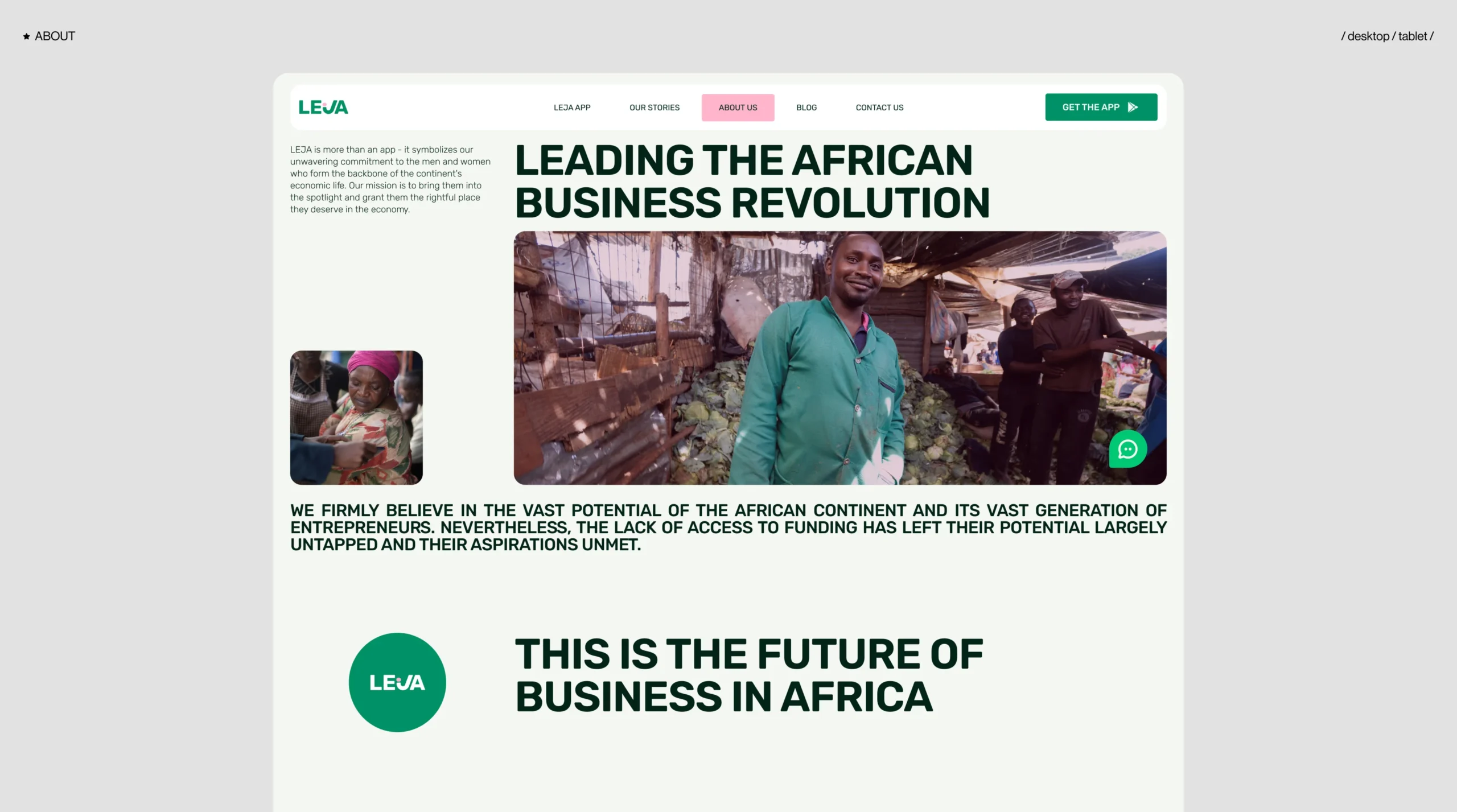 Leja about page design with headline and visual storytelling about African business growth