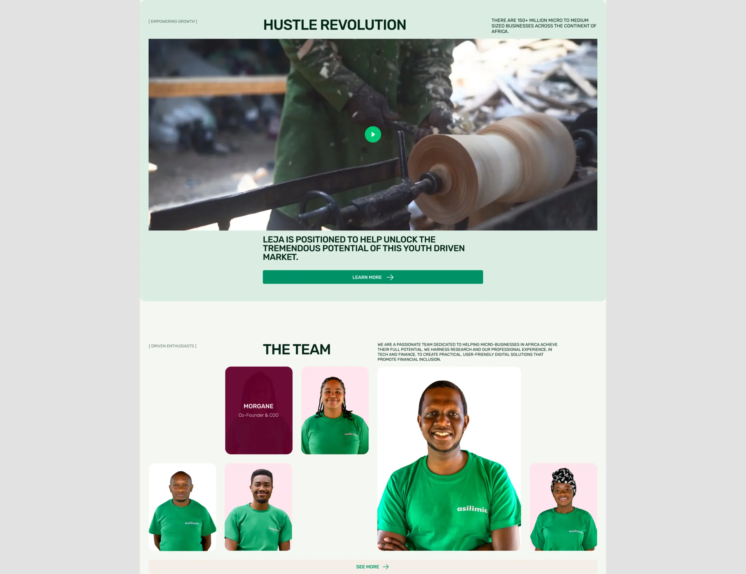 Leja homepage section with video banner and team presentation