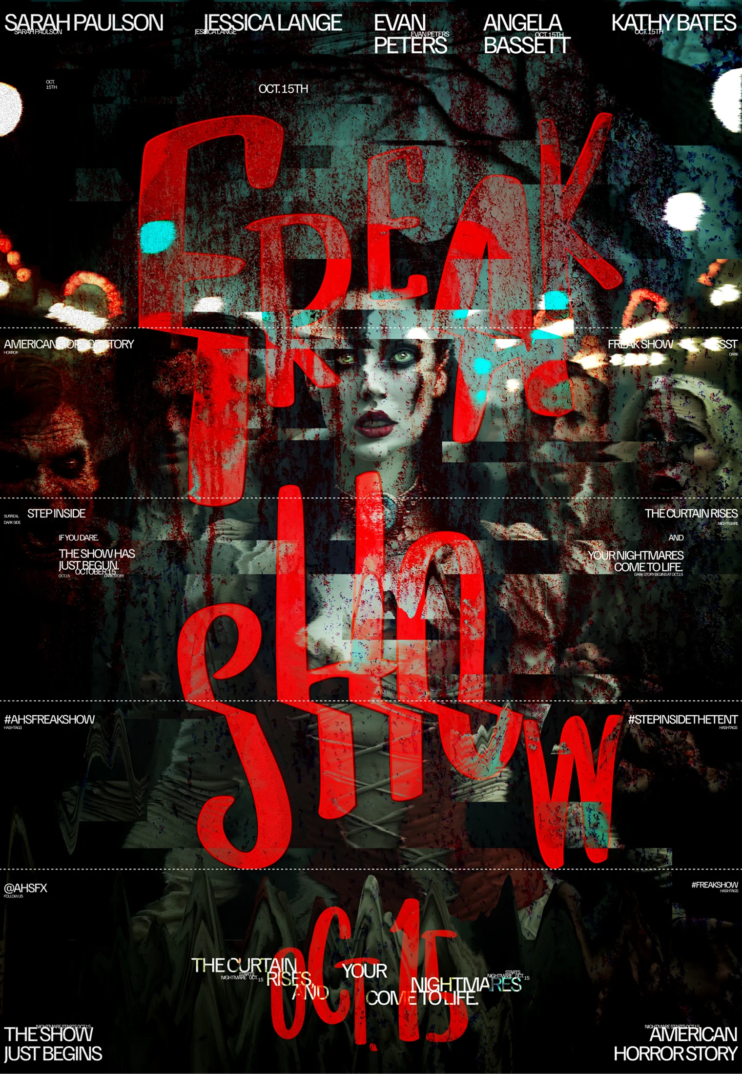 dark cinematic poster with glitch typography and layered faces Freakshow