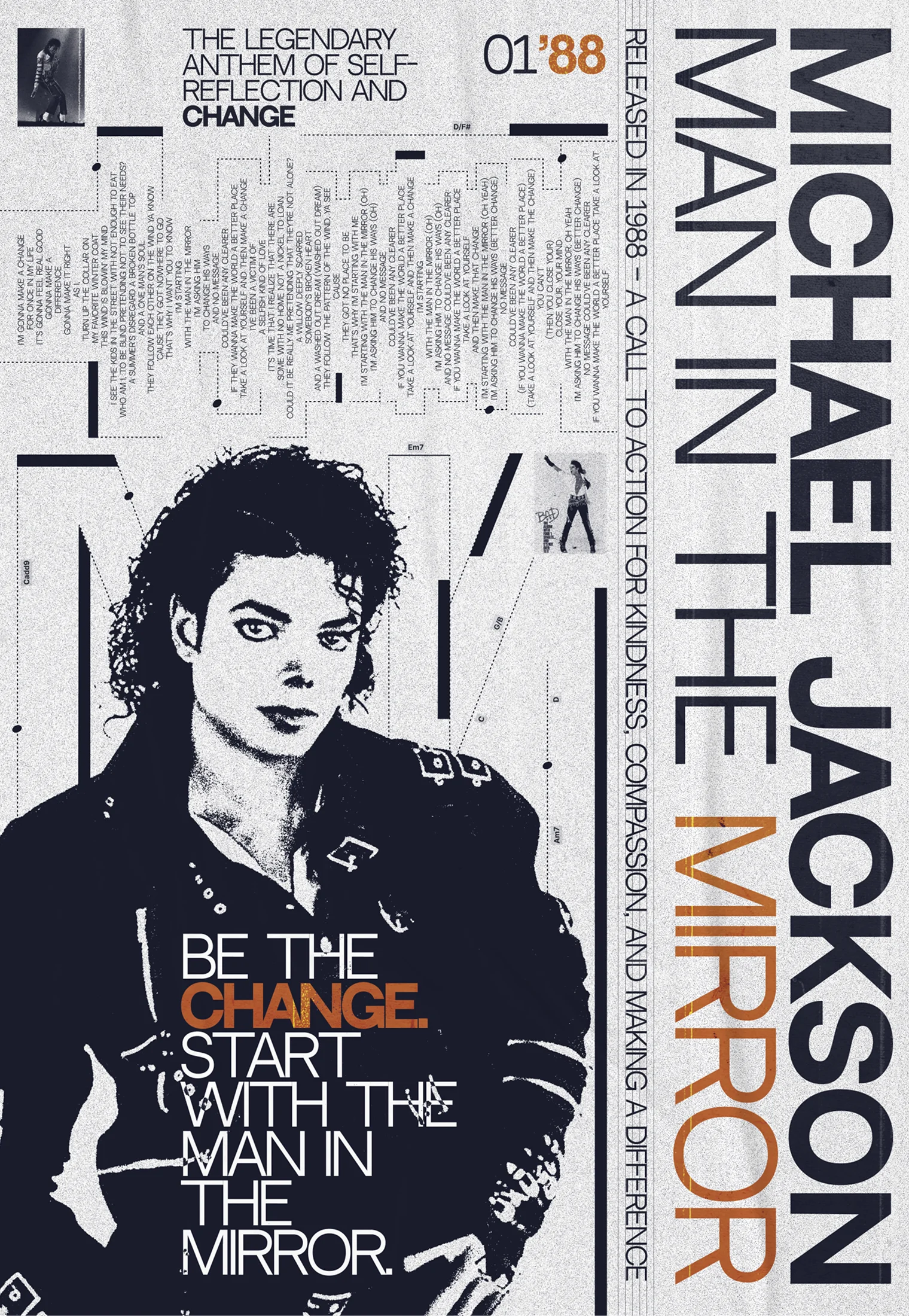 retro industrial poster with grid typography and monochrome portrait Man in the Mirror