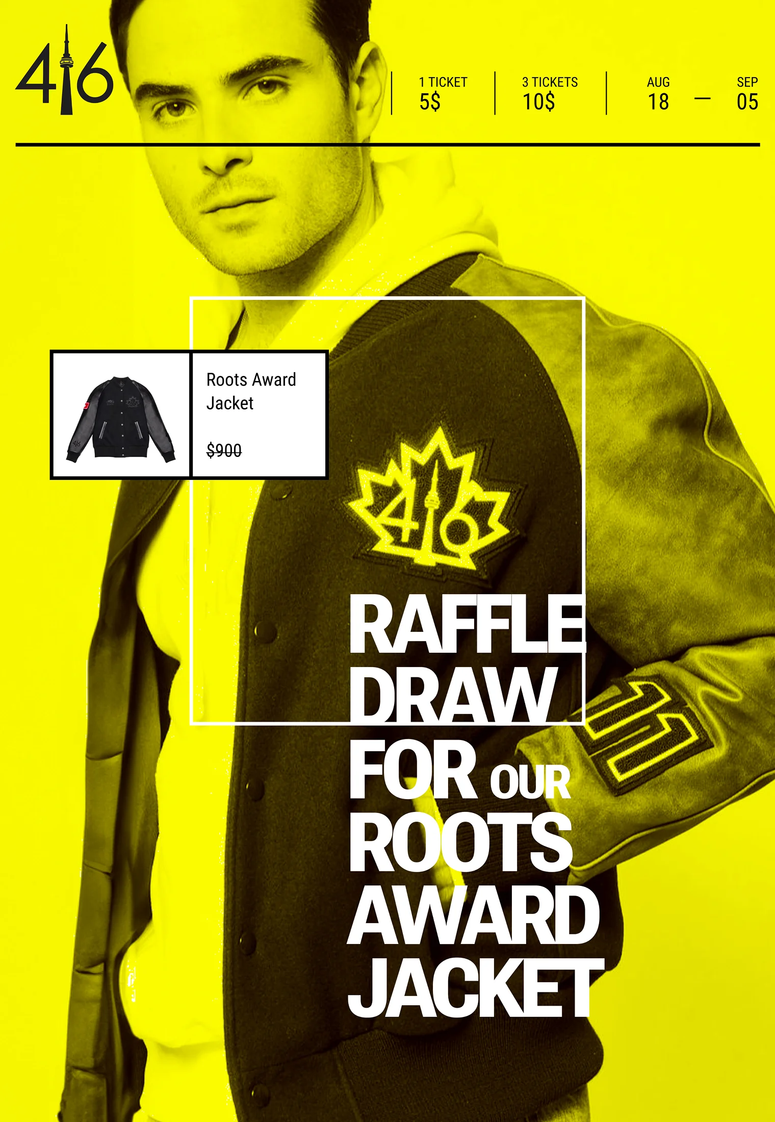 yellow promotional poster with jacket product and bold typography raffle draw